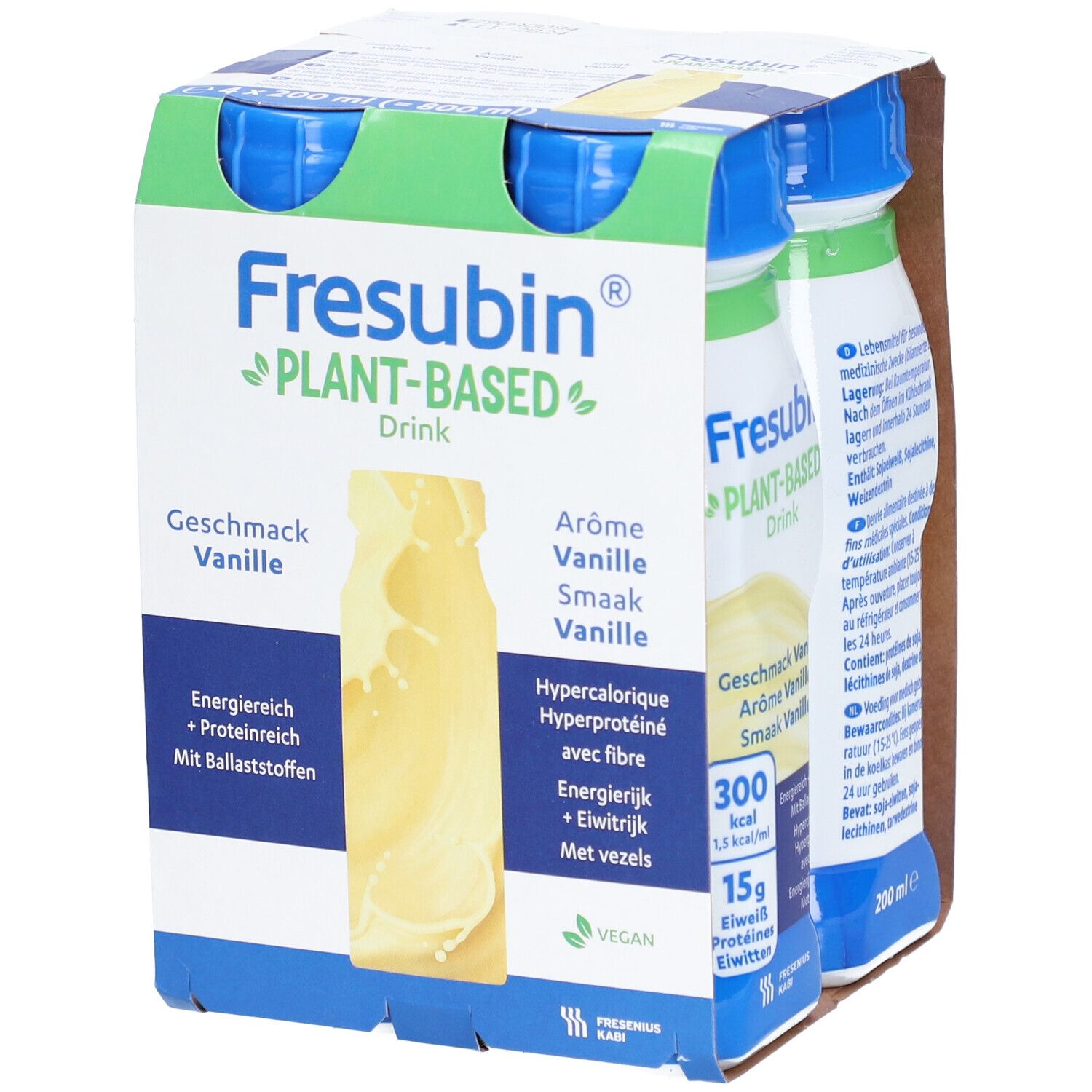 Emballage de quatre bouteilles Fresubin Plant-Based Drink Vanille. Inscriptions: Énergétique, riche en protéines, fibres, Vegan.