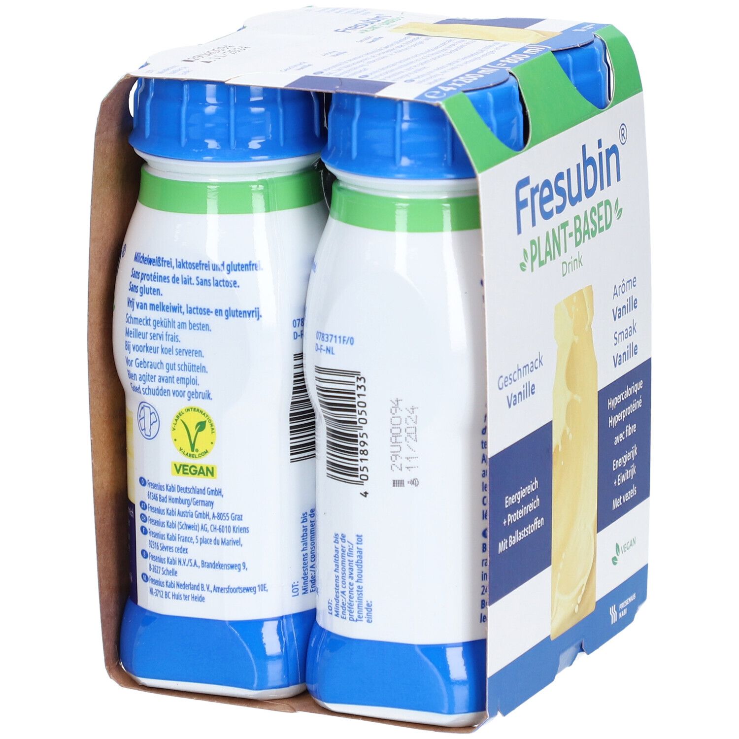 Emballage de quatre bouteilles Fresubin Plant-Based Drink Vanille. Label Vegan. Informations produit au dos.