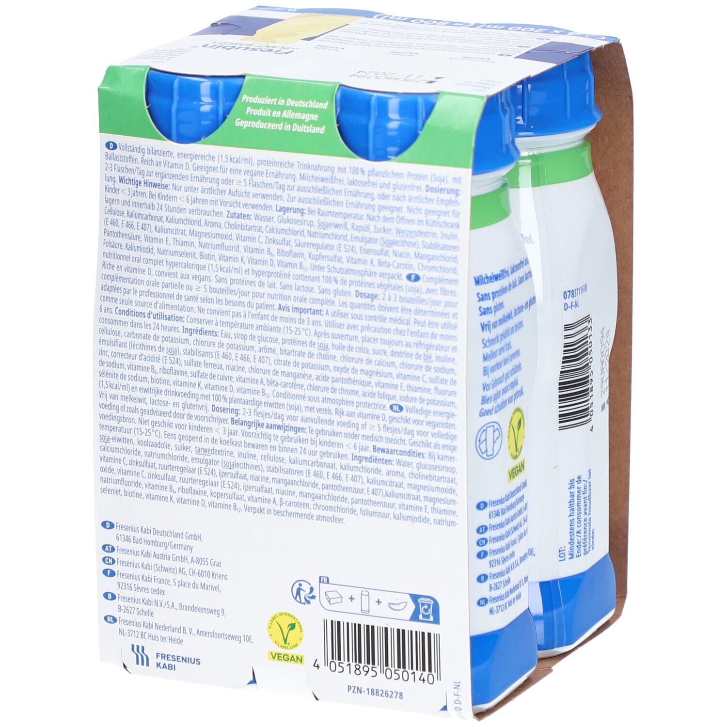 Dos de l'emballage de quatre bouteilles Fresubin Plant-Based Drink Vanille. Informations produit et label Vegan.