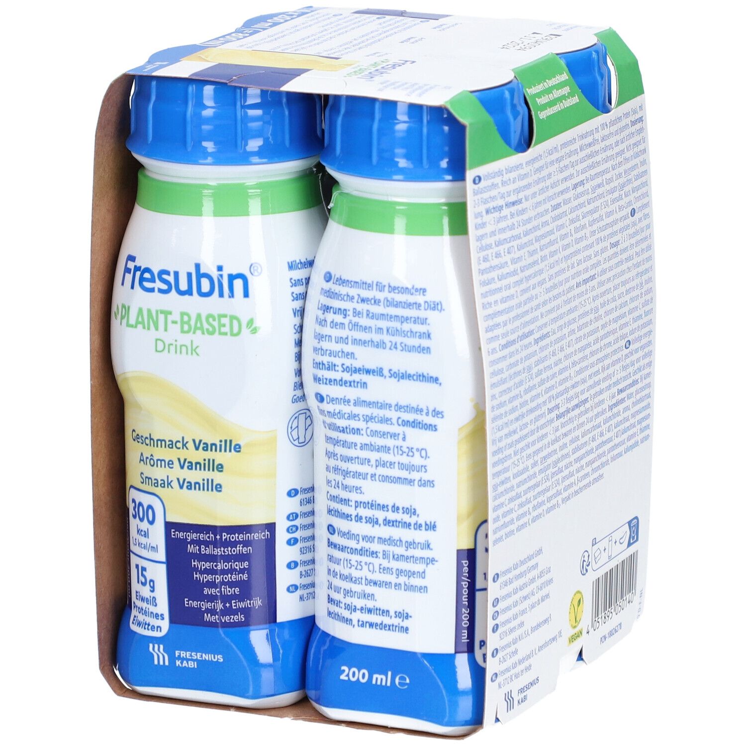 Emballage de quatre bouteilles Fresubin Plant-Based Drink Vanille. Informations produit et label Vegan.