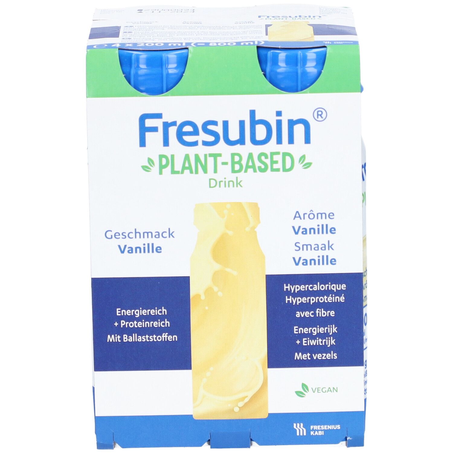Vue de face de l'emballage de quatre bouteilles Fresubin Plant-Based Drink Vanille. Informations et label Vegan.