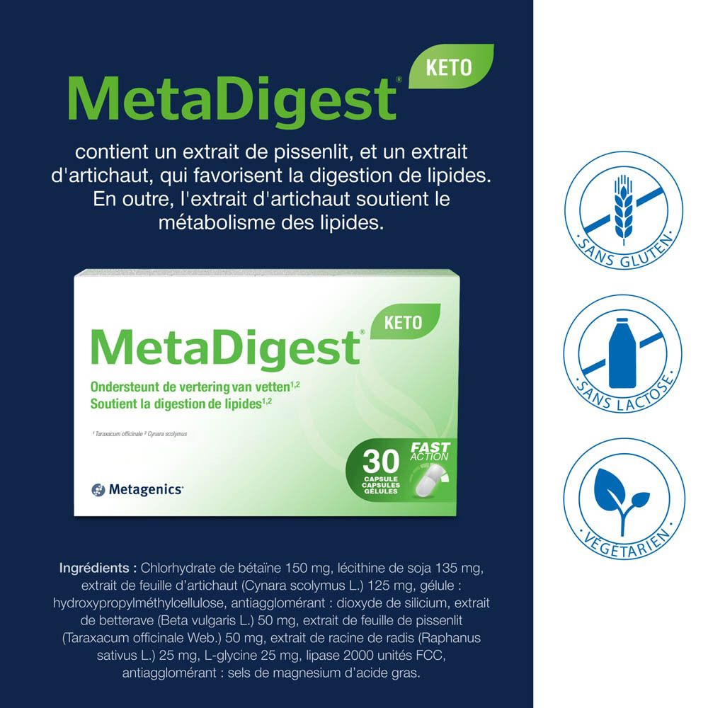 Boîte MetaDigest Keto. Boîte avec informations sur le produit et ingrédients. Sans gluten, sans lactose, végétalien.