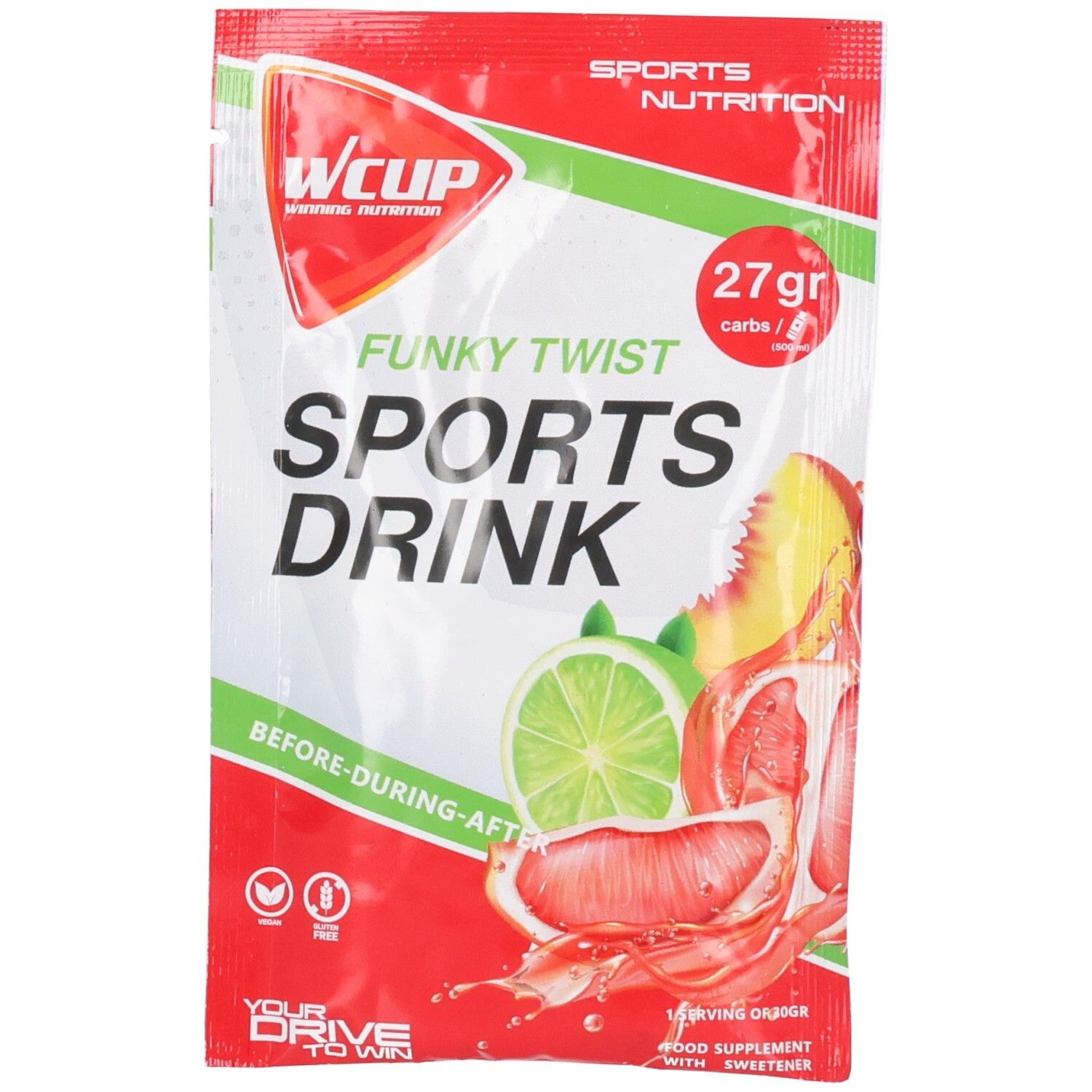 Zakje Sports Drink. Opschrift: Funky Twist, Sports Drink. Afbeelding van limoen, grapefruit en perzik. 27g koolhydraten.