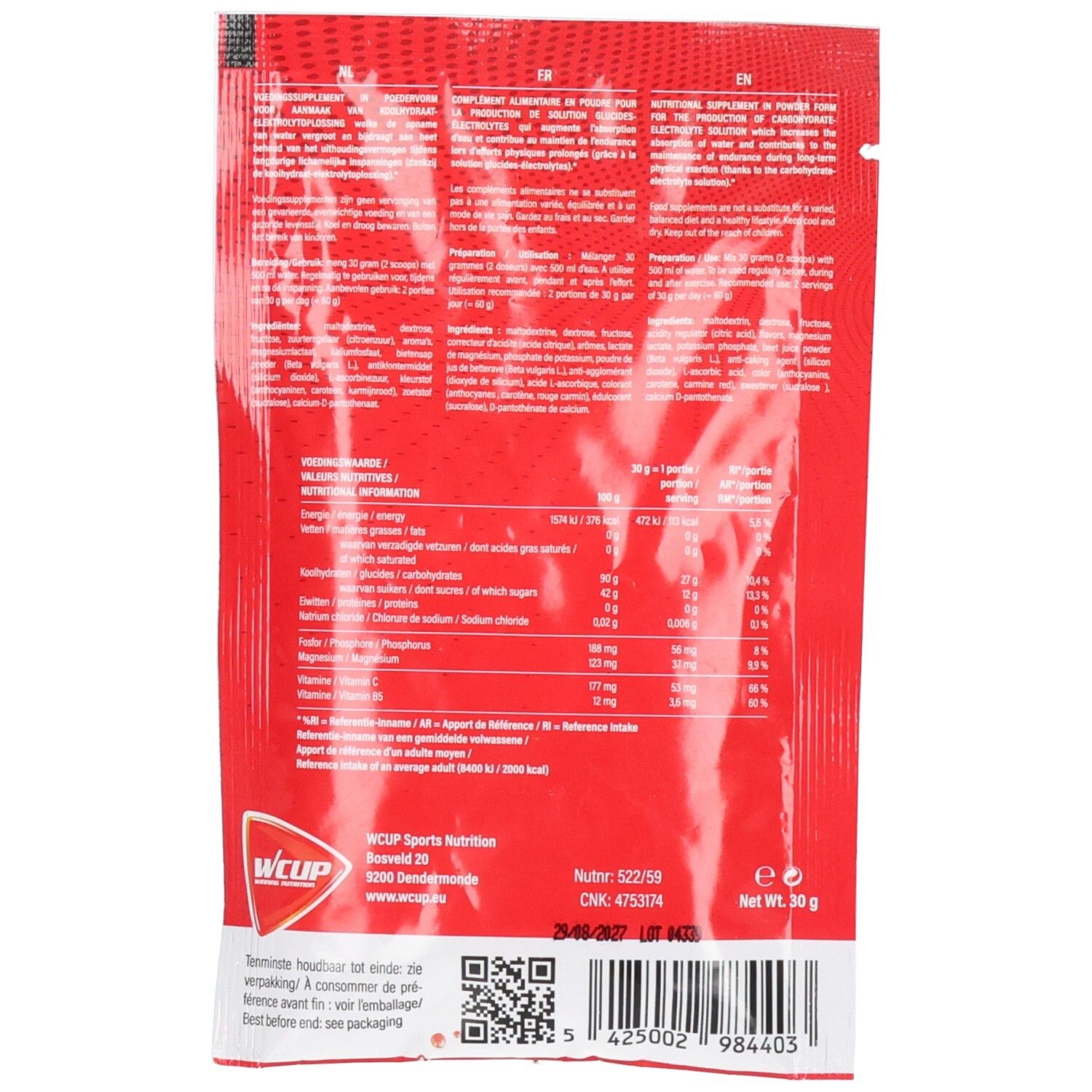 Achterkant van het zakje. Bevat voedingsinformatie en ingrediëntenlijst. Opschrift: Wcup Sports Nutrition. Gewicht: 30g.