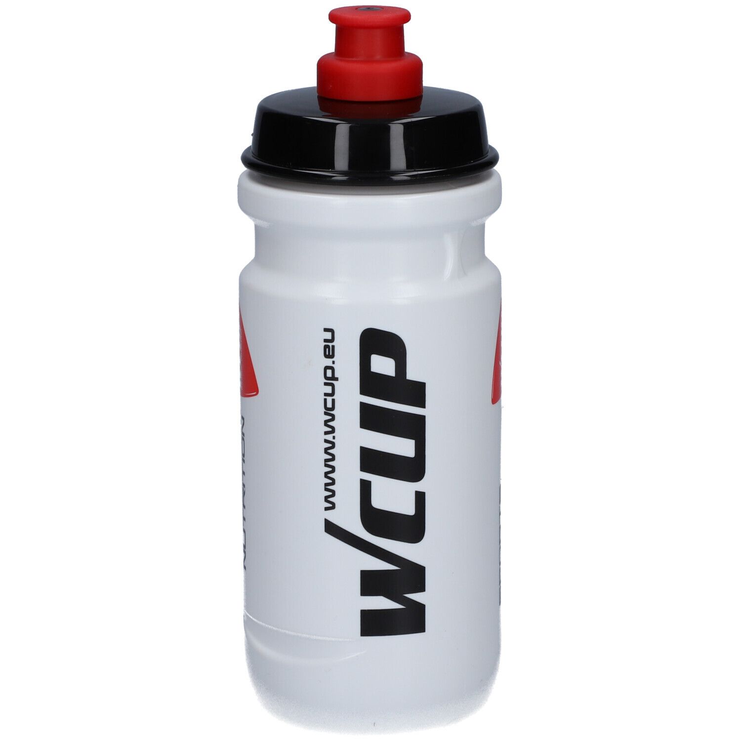 Witte drinkfles met zwarte dop en rode sluiting. Opschrift: WCUP. www.wcup.eu.