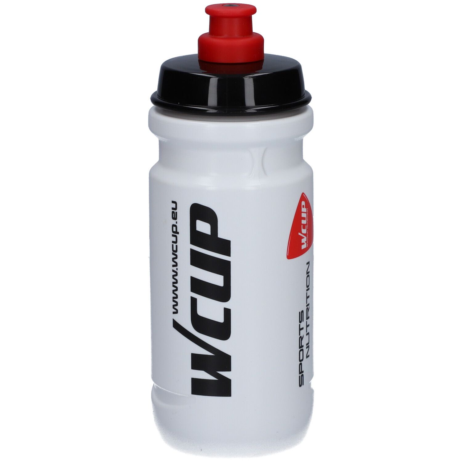 Witte drinkfles met zwarte dop en rode sluiting. Opschrift: WCUP, SPORTS NUTRITION. www.wcup.eu.