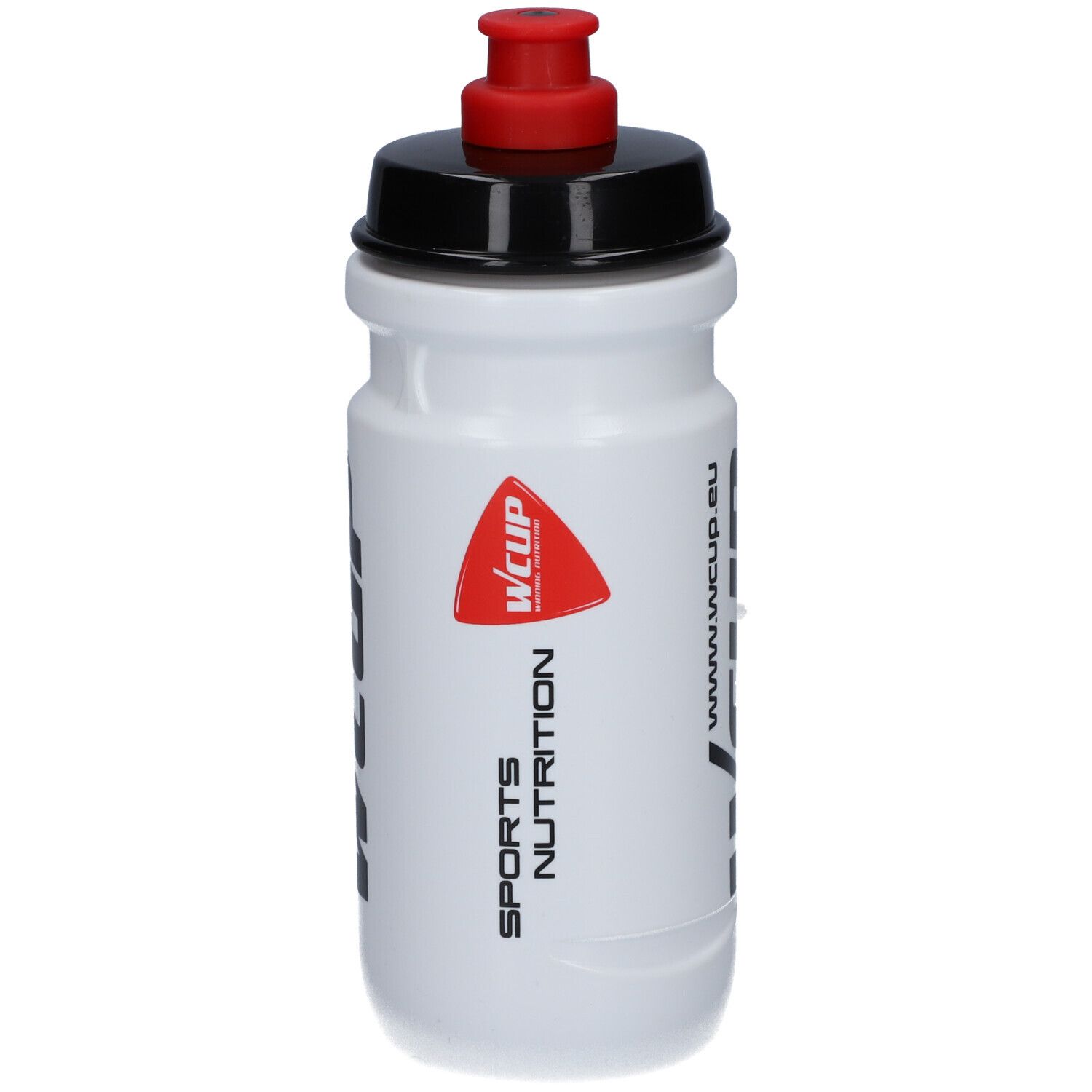 Witte drinkfles met zwarte dop en rode sluiting. Opschrift: WCUP, SPORTS NUTRITION. www.wcup.eu.