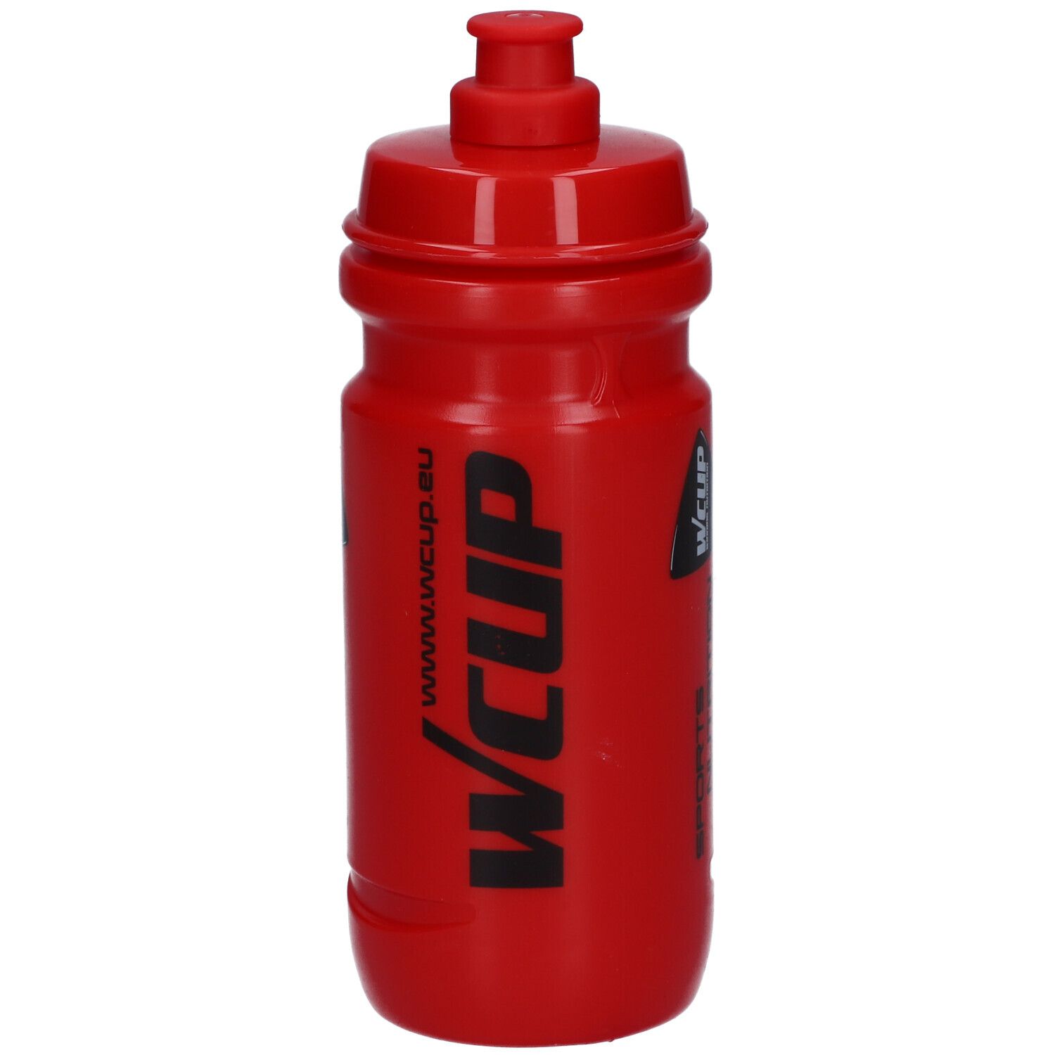 Gourde rouge avec logo WCUP noir. Inscription : www.wcup.eu. Avec bouchon de boisson.