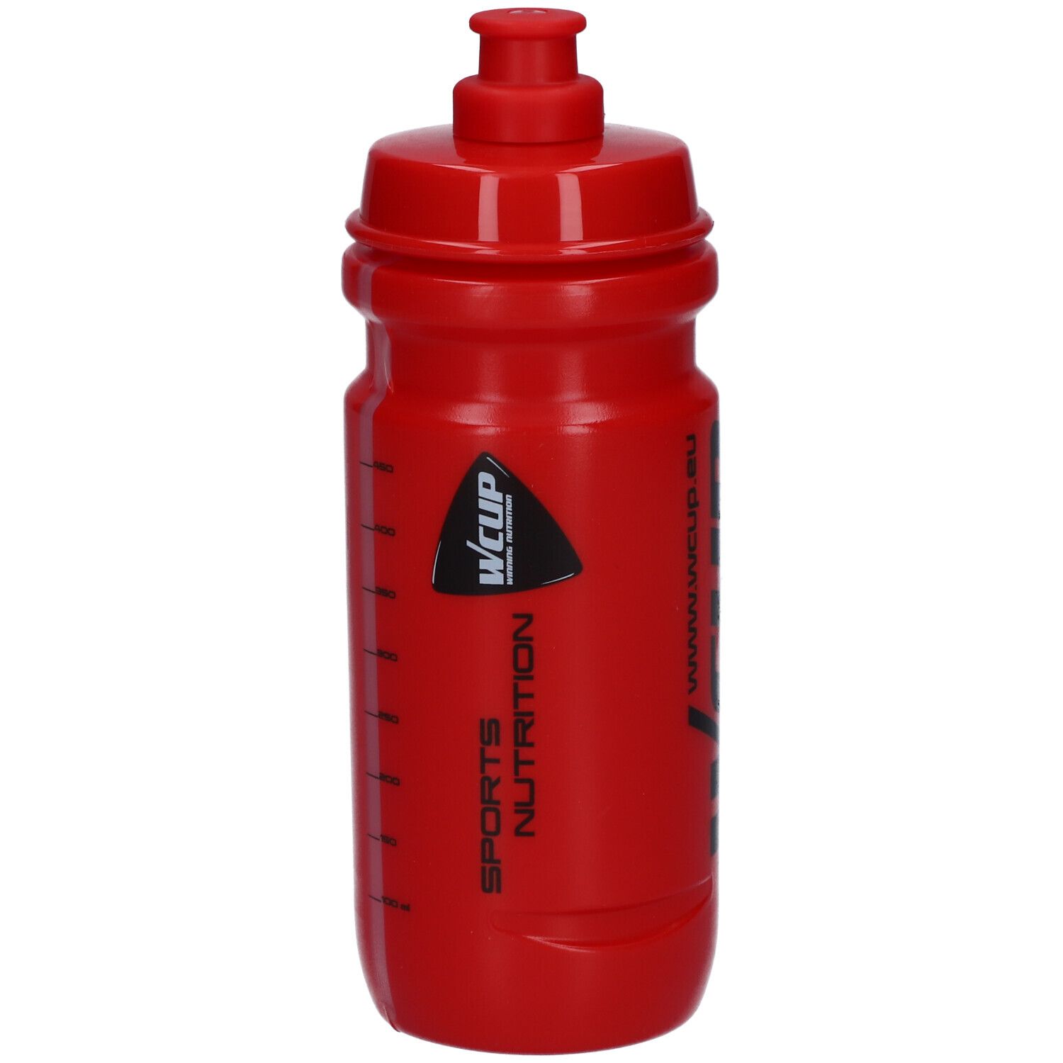Gourde rouge avec logo WCUP noir et SPORTS NUTRITION. Avec échelle de mesure. Avec bouchon.
