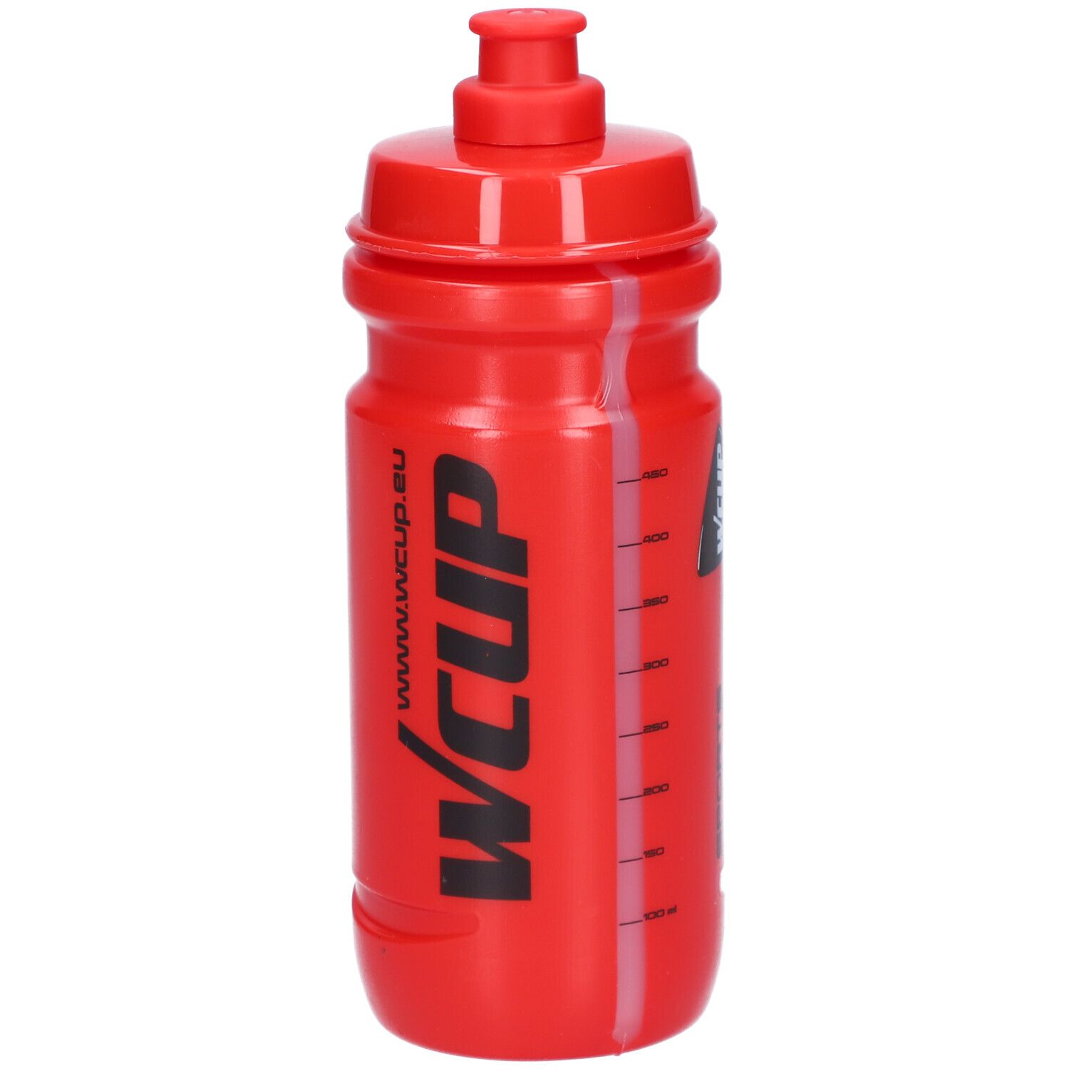Gourde rouge avec logo WCUP noir. Avec échelle de mesure. Avec bouchon.