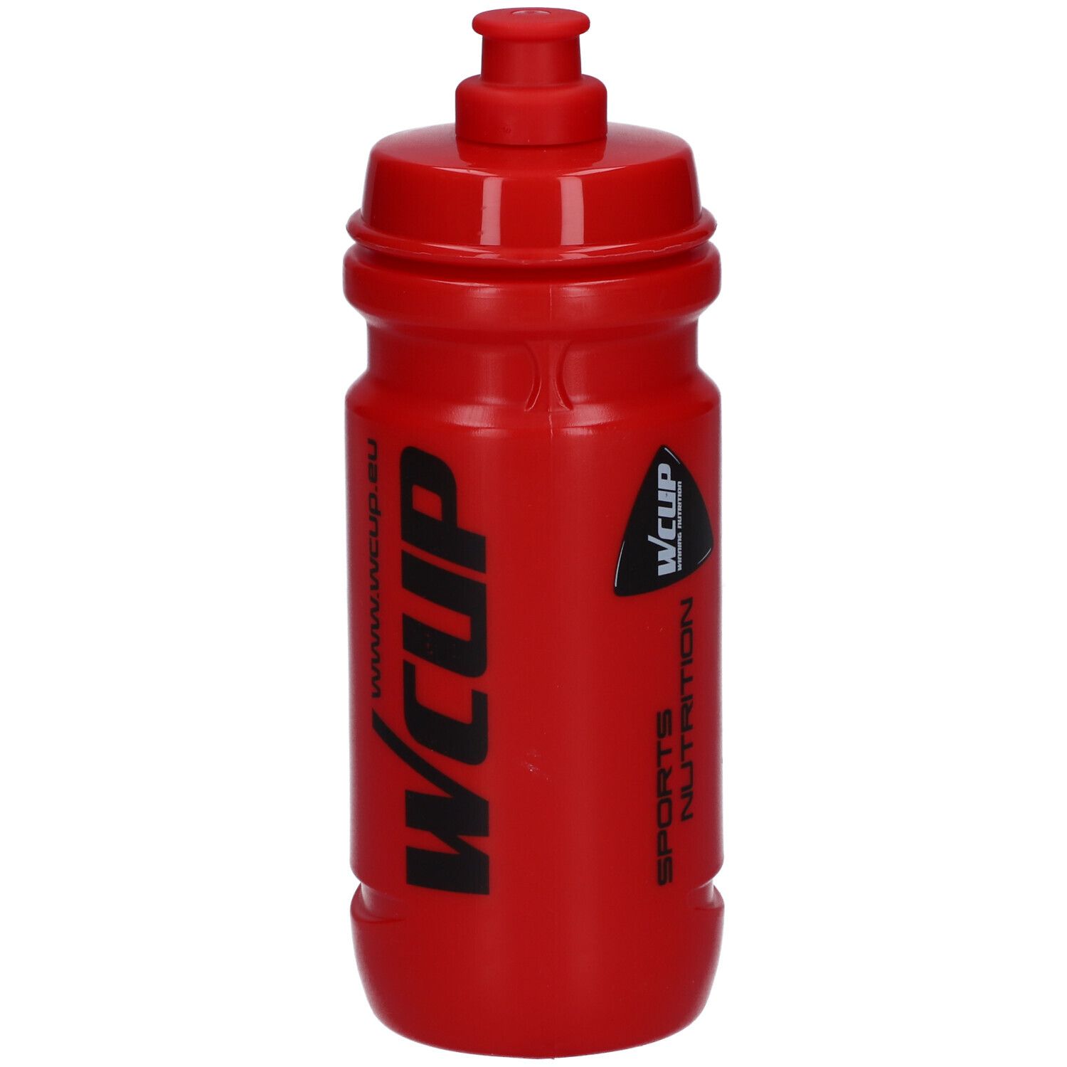 Gourde rouge avec logo WCUP noir et SPORTS NUTRITION. Avec bouchon.