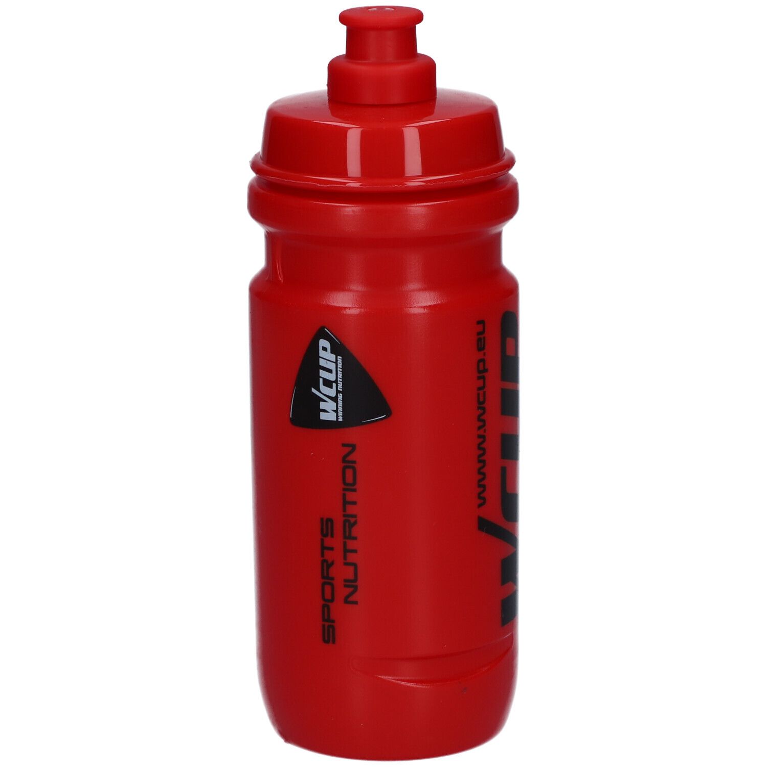 Gourde rouge avec logo WCUP noir, SPORTS NUTRITION et logo triangulaire. Avec bouchon.