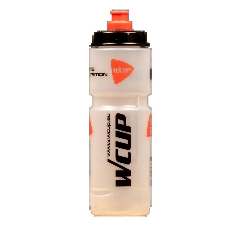 Transparante drinkfles met zwarte deksel en oranje sluiting. WCUP-logo en tekst. www.wcup.eu.