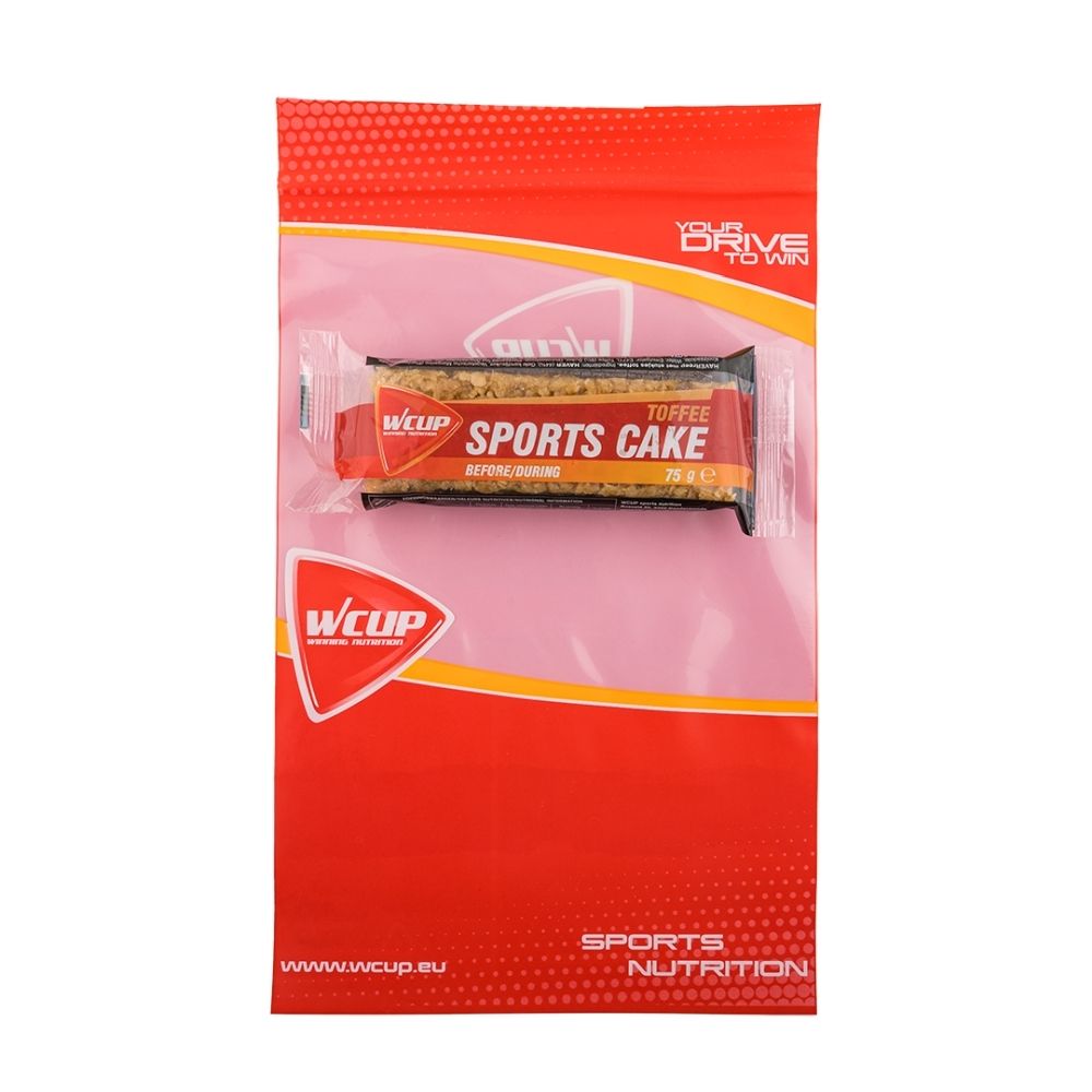 WCUP Sports Cake Banane emballé individuellement dans un film rouge avec logo.