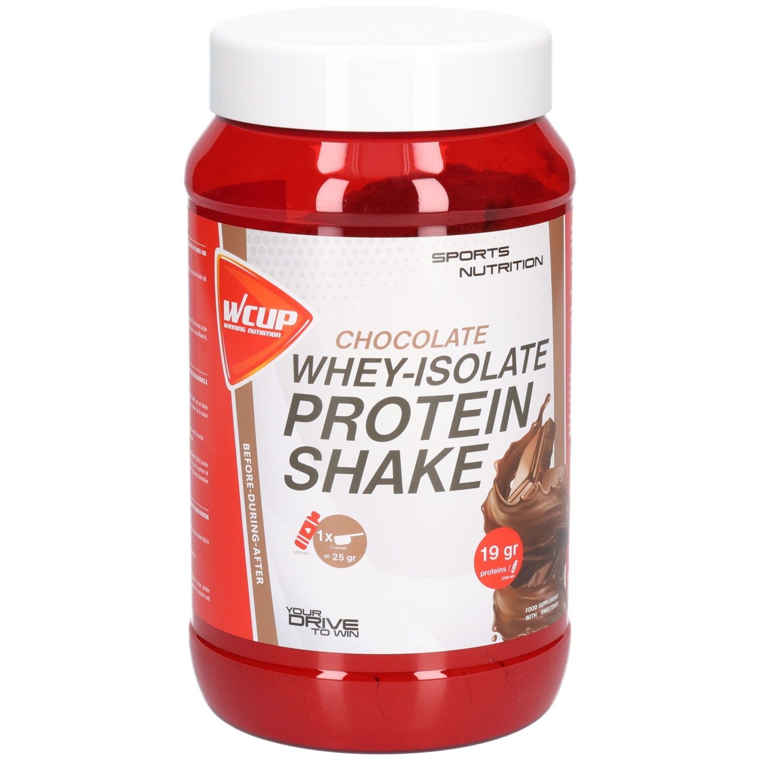 Pot rouge avec couvercle blanc. Inscription: Chocolate Whey-Isolate Protein Shake. Logo: wcup. 19 g de protéines.