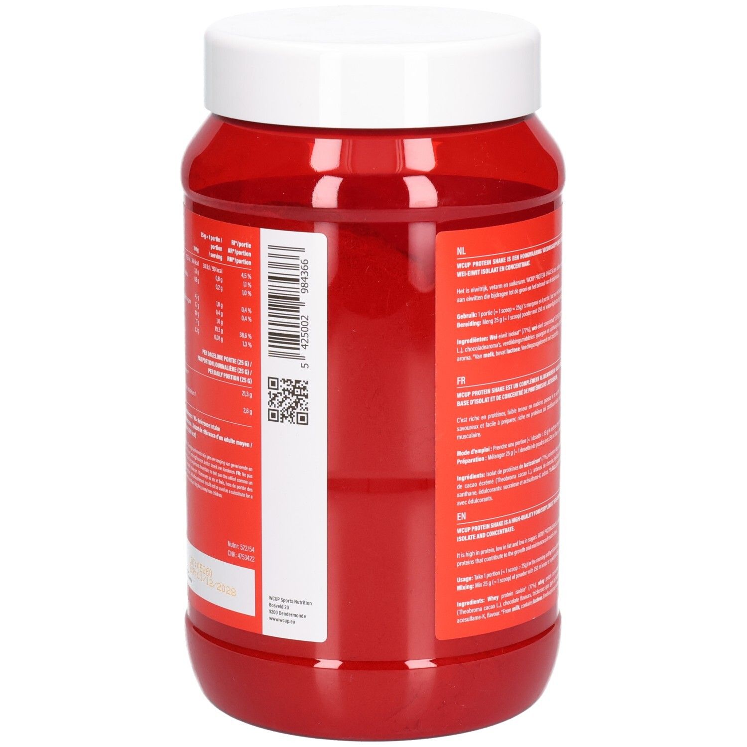 Pot rouge avec couvercle blanc. Dos avec texte et code QR. Texte en plusieurs langues.