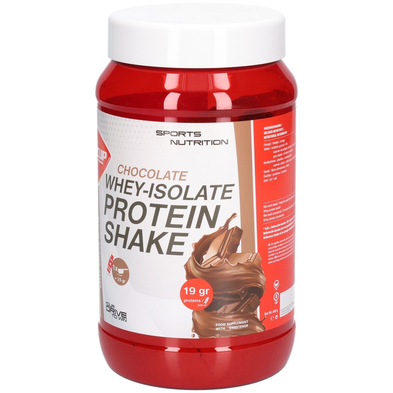 Pot rouge avec couvercle blanc. Inscription: Chocolate Whey-Isolate Protein Shake. Logo: wcup. 19 g de protéines.