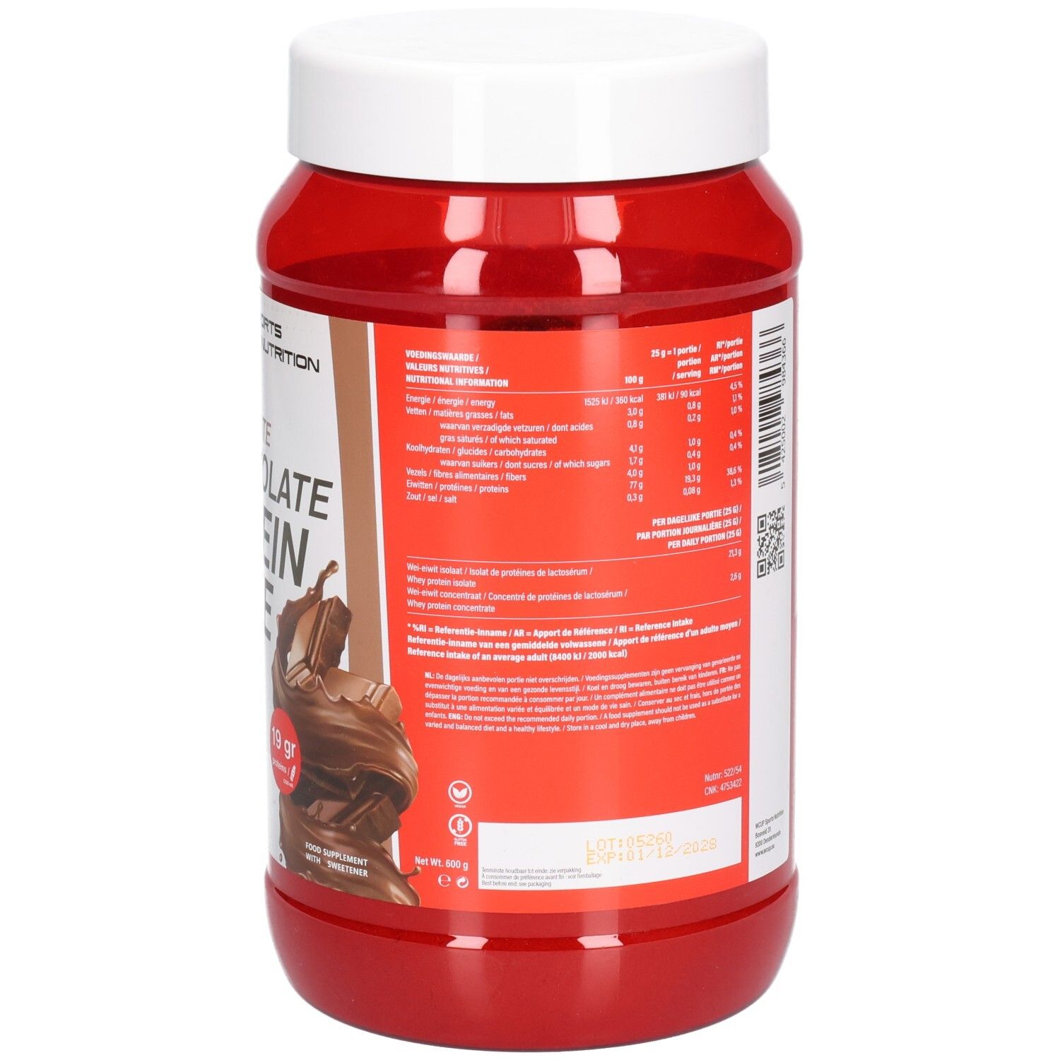 Pot rouge avec couvercle blanc. Dos avec texte et informations nutritionnelles. Logo: wcup. Code QR.