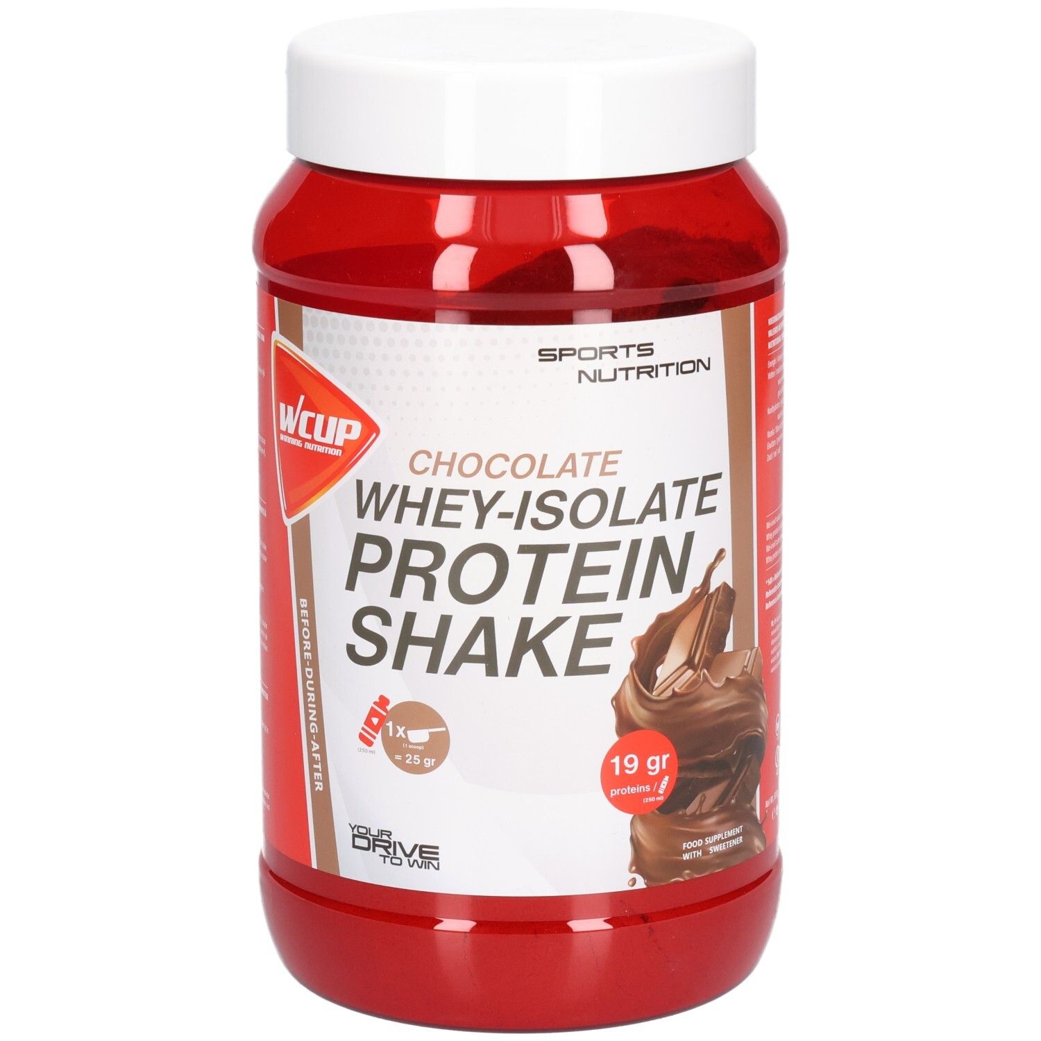Pot rouge avec couvercle blanc. Inscription: Chocolate Whey-Isolate Protein Shake. Logo: wcup. 19 g de protéines.