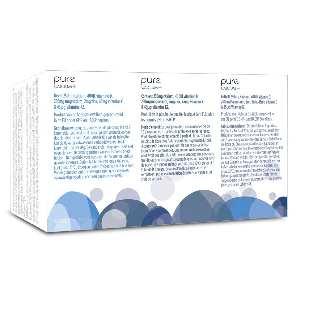 Doos "pure CALCIUM +" met meertalige teksten. Bevat 90 kauwtabletten. Achterkant met informatie.