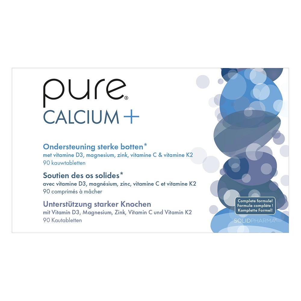 Doos "pure CALCIUM +" met meertalige teksten. Bevat 90 kauwtabletten. Achterkant met informatie.