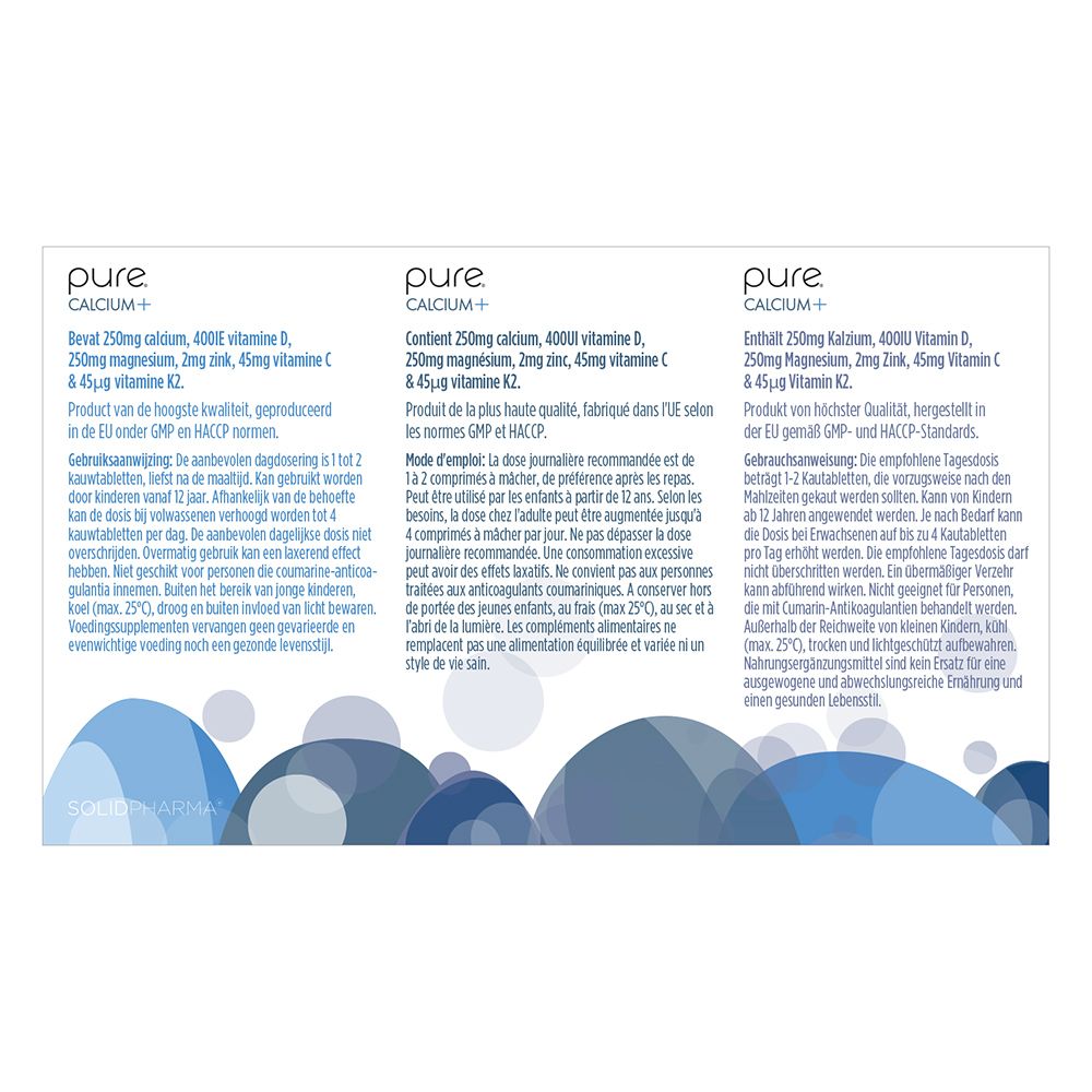 Doos "pure CALCIUM +" met meertalige teksten. Bevat 90 kauwtabletten. Achterkant met informatie.