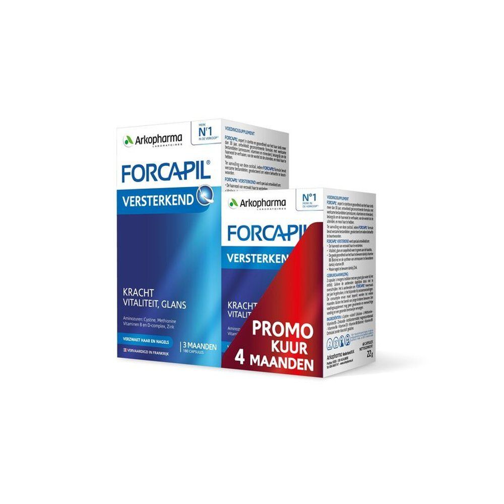 Twee Forcapil dozen. Blauwe doos met Forcapil Versterkend. Rode doos met Promo Kuur 4 maanden.