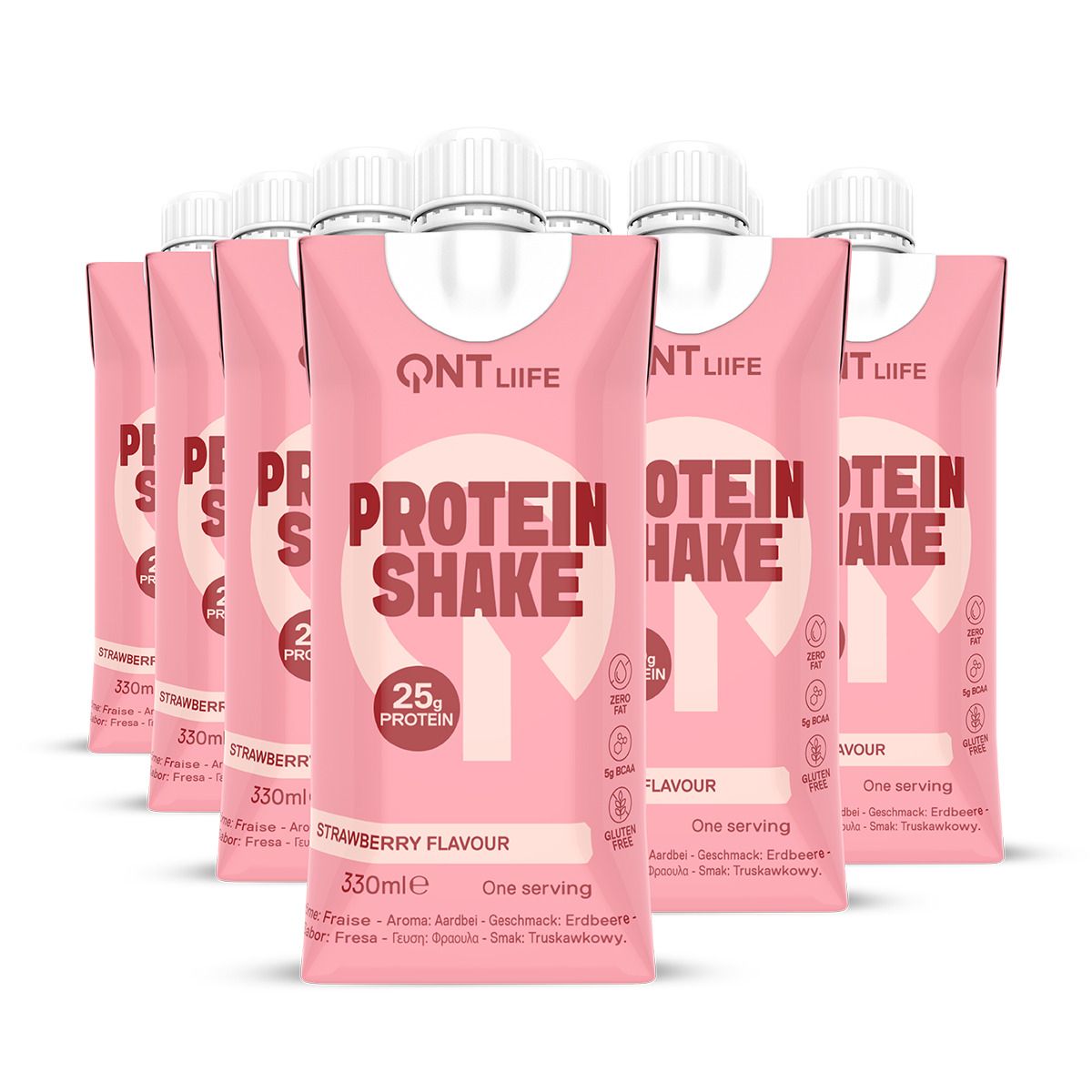 Meerdere verpakkingen eiwitshake. Aardbeiensmaak. Merk QNT Life. 25g eiwit per portie. Glutenvrij.