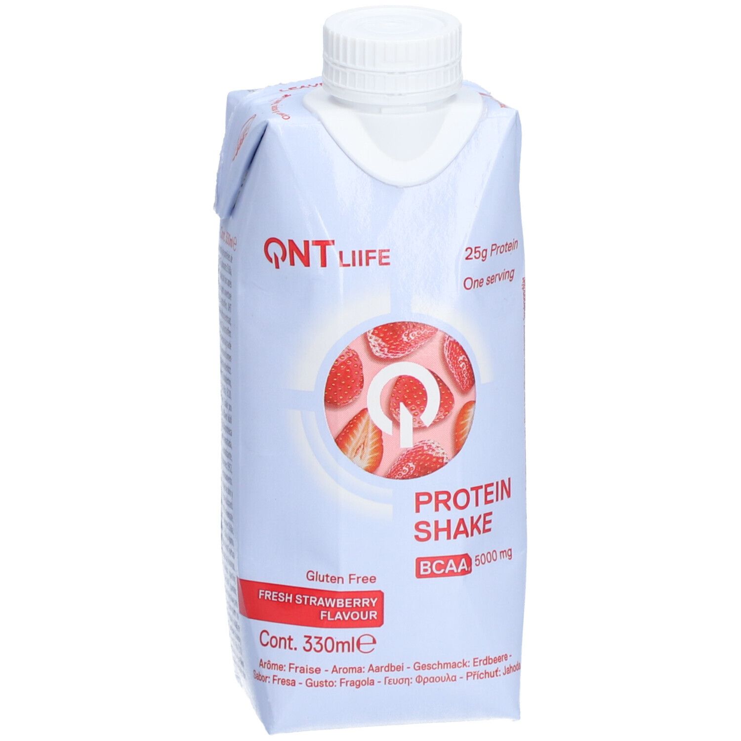 QNT LIIFE Protein Shake. Aardbeiensmaak, BCAA 5000 mg. 25g eiwit. 330ml. Glutenvrij.
