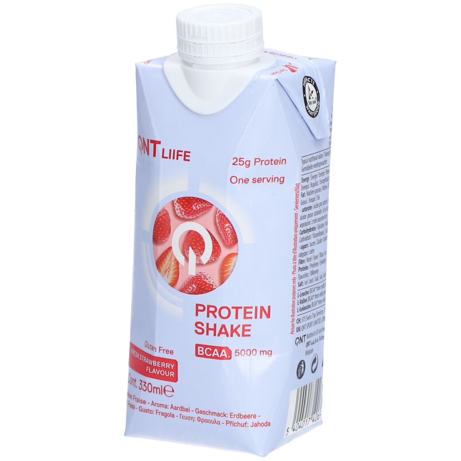 QNT LIIFE Protein Shake. Aardbeiensmaak, BCAA 5000 mg. 25g eiwit. 330ml. Glutenvrij.