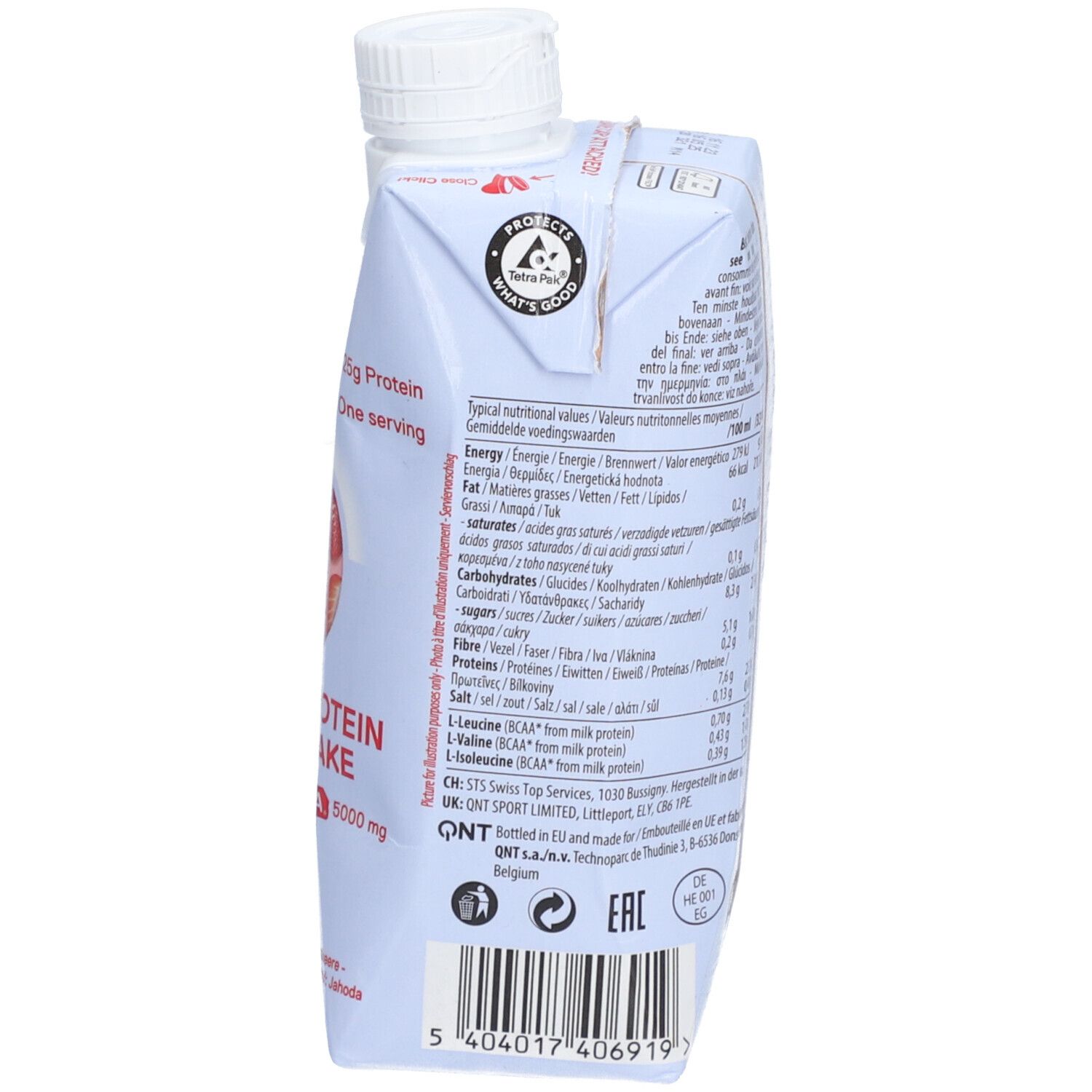 QNT LIIFE Protein Shake, achterkant. Voedingswaarde, ingrediënten. 330ml. Glutenvrij.