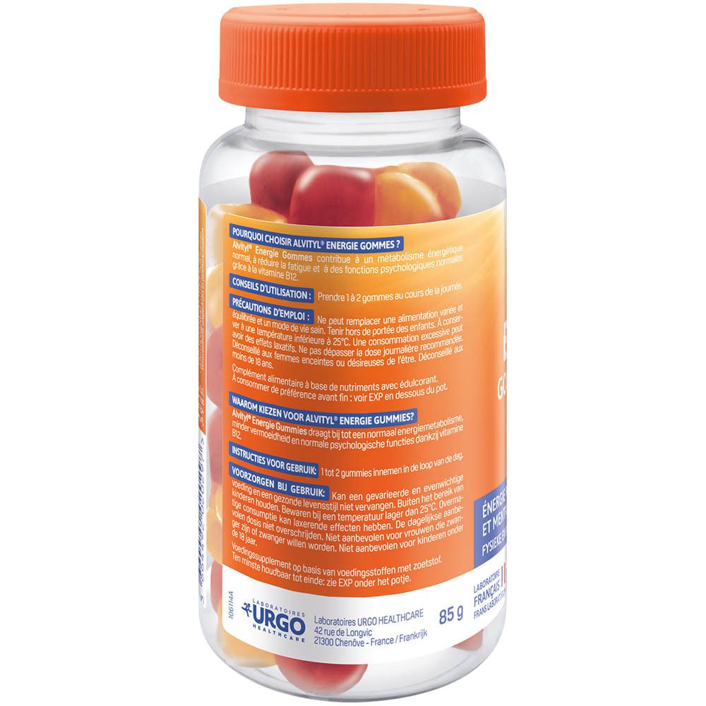 Achterkant van de fles. Tekstinformatie, inclusief gebruiksaanwijzingen en ingrediënten. Oranje dop. 85g.
