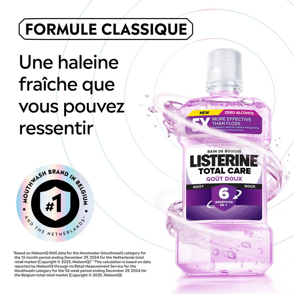 Texte sur l'hygiène bucco-dentaire. Flacon Listerine Total Care Goût Doux en arrière-plan. Haleine fraîche.