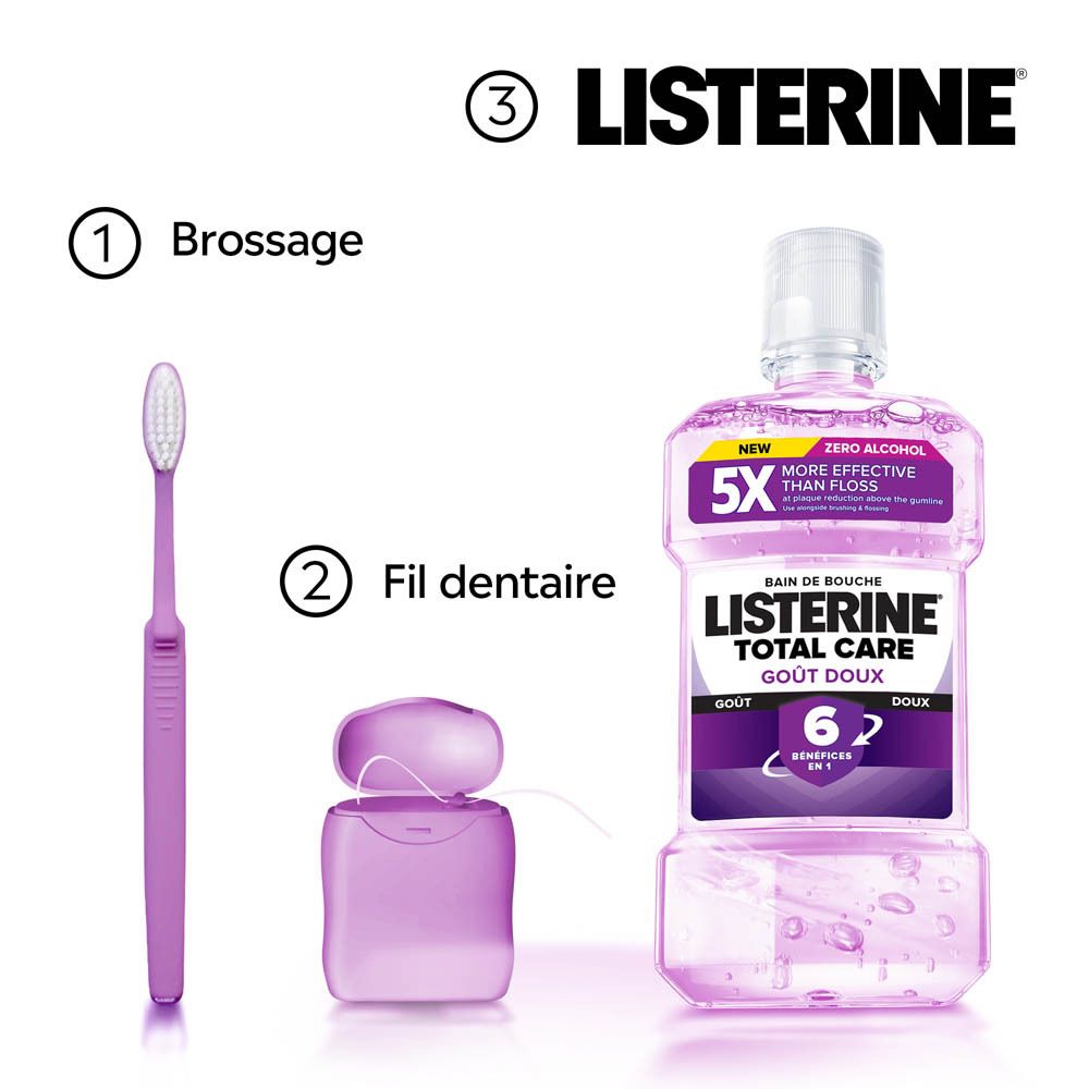 Brosse à dents, fil dentaire et flacon Listerine Total Care Goût Doux. Kit d'hygiène bucco-dentaire.
