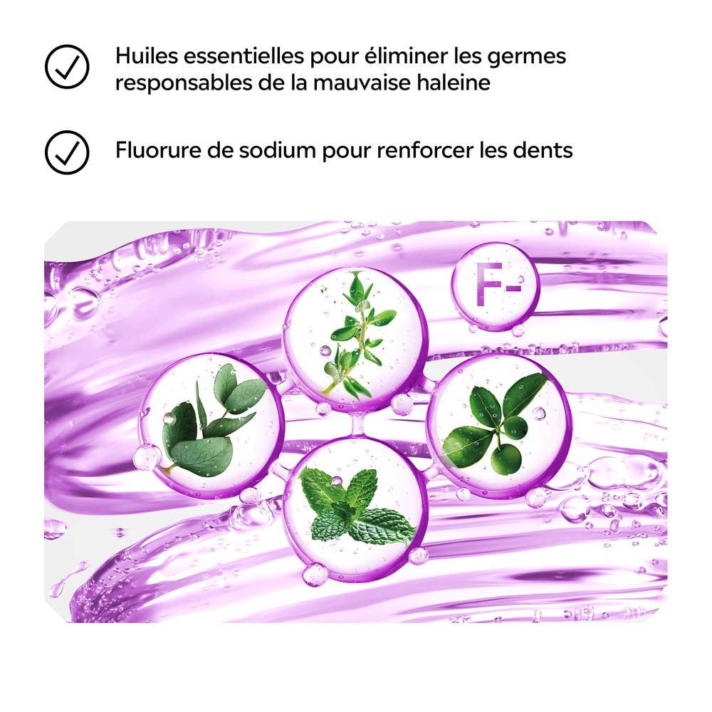 Ingrédients : Huiles essentielles et fluorure de sodium. Listerine Total Care Goût Doux. Hygiène buccale.