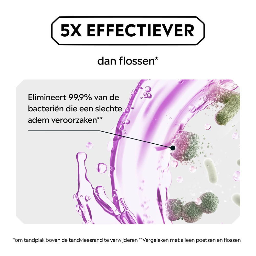 Grafiek met bacteriën. Listerine Total Care Milde Smaak. 5x effectiever dan flossen.