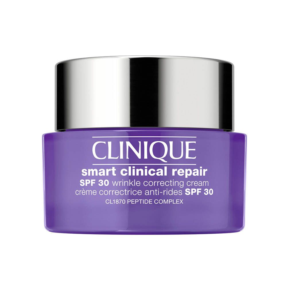 Paarse Clinique pot met 'Smart Clinical Repair' anti-rimpelcrème SPF 30.