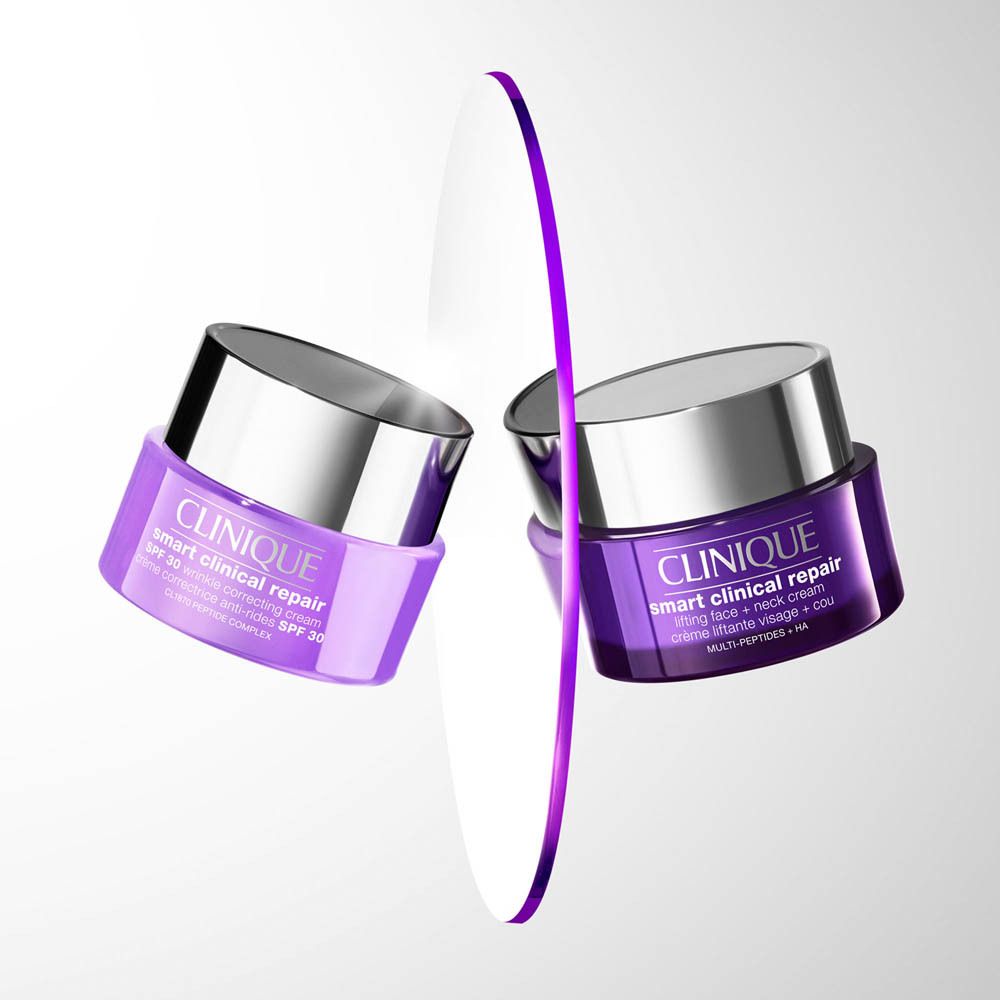 Twee Clinique Smart Clinical Repair potten, paars en lichtpaars.