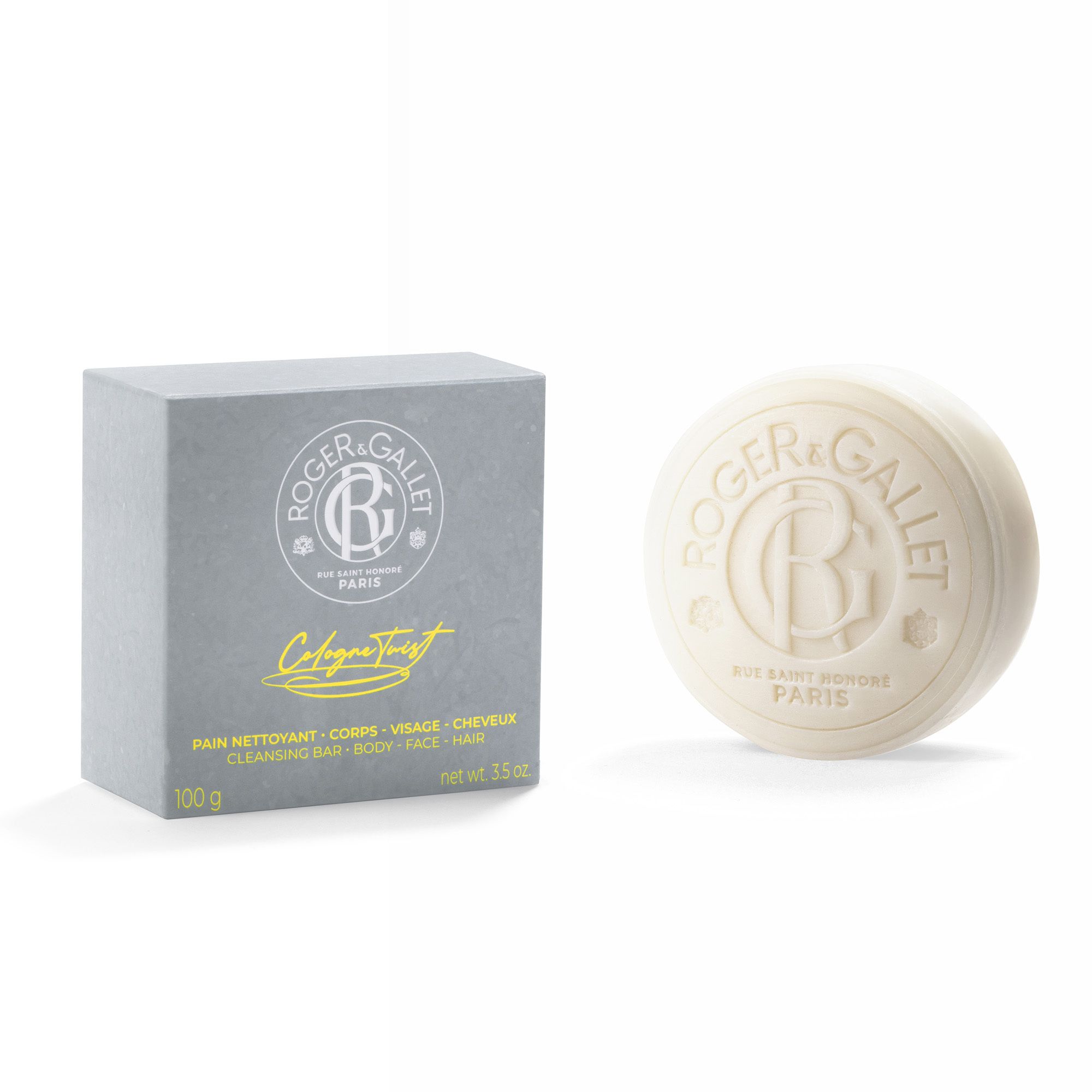 Grijze doos. "Roger & Gallet Cologne Twist" op de doos.