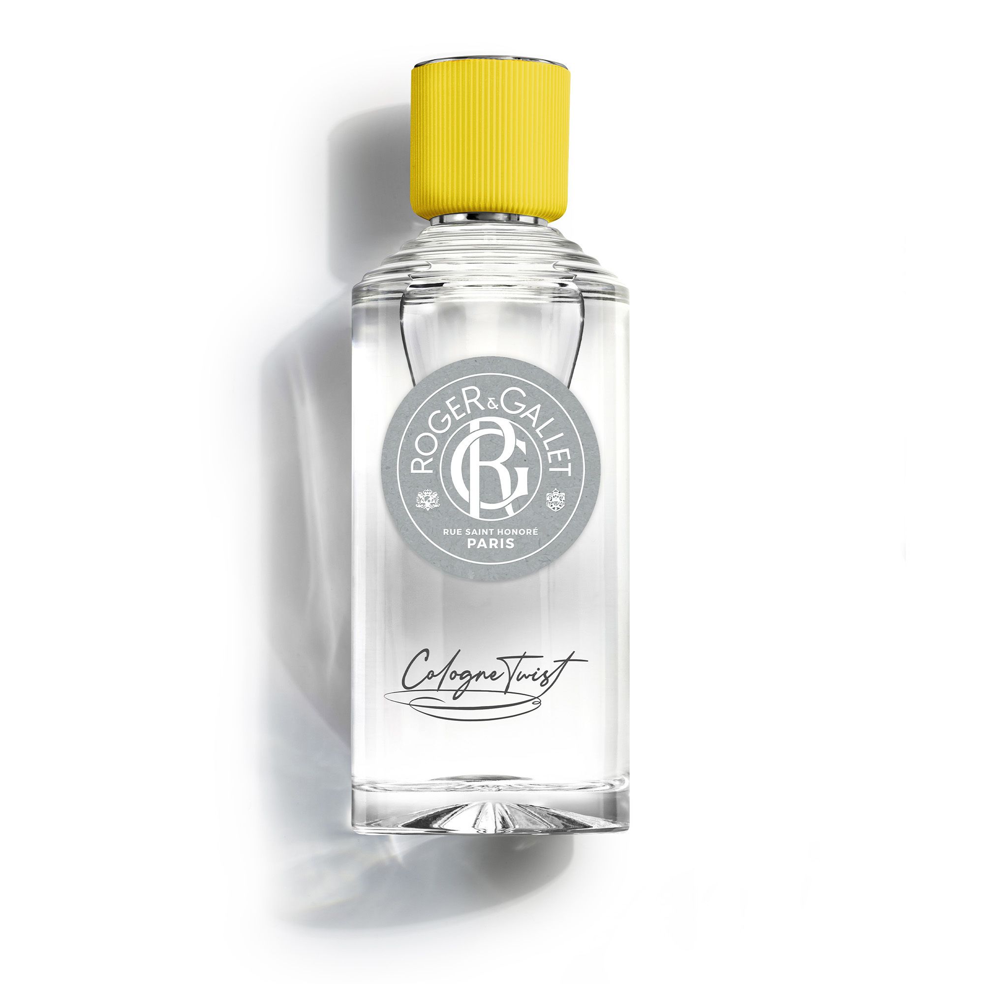 Flacon et boîte. Roger & Gallet, Rue Saint Honoré Paris. Bouchon jaune.