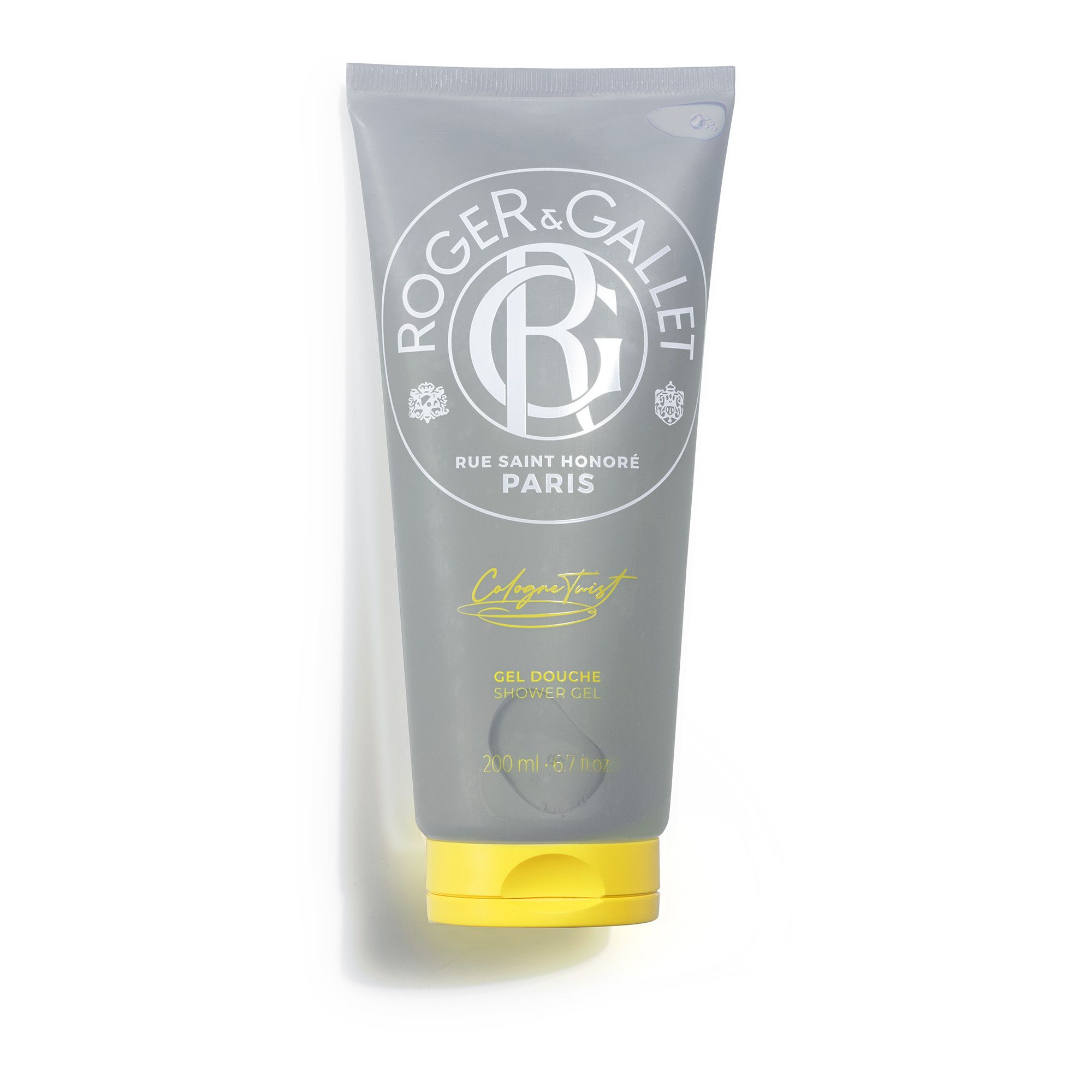 Roger & Gallet douchegel tube. Grijs en wit met gele dop. Voorkant.
