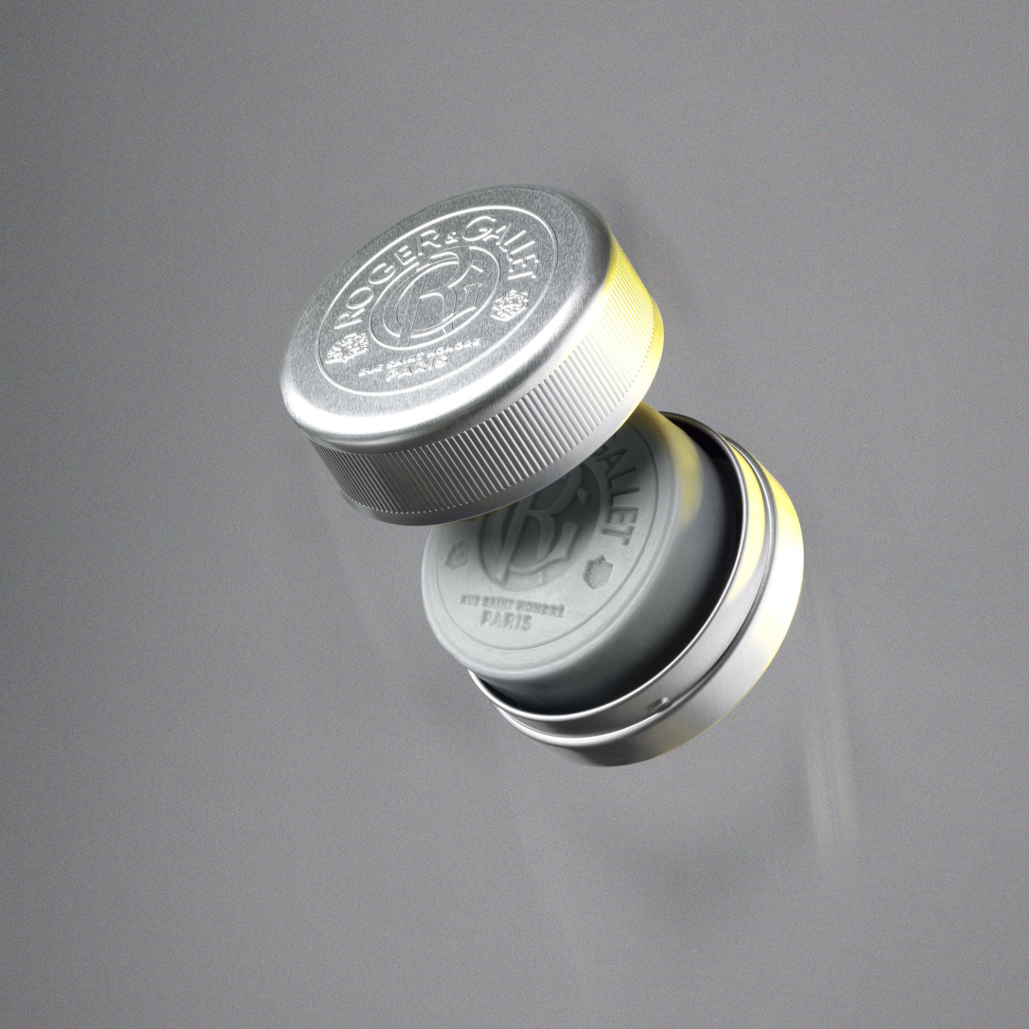 Grijze doos. Logo en tekst. Opschrift: Roger & Gallet, Cologne Twist, Pain de Rasage.