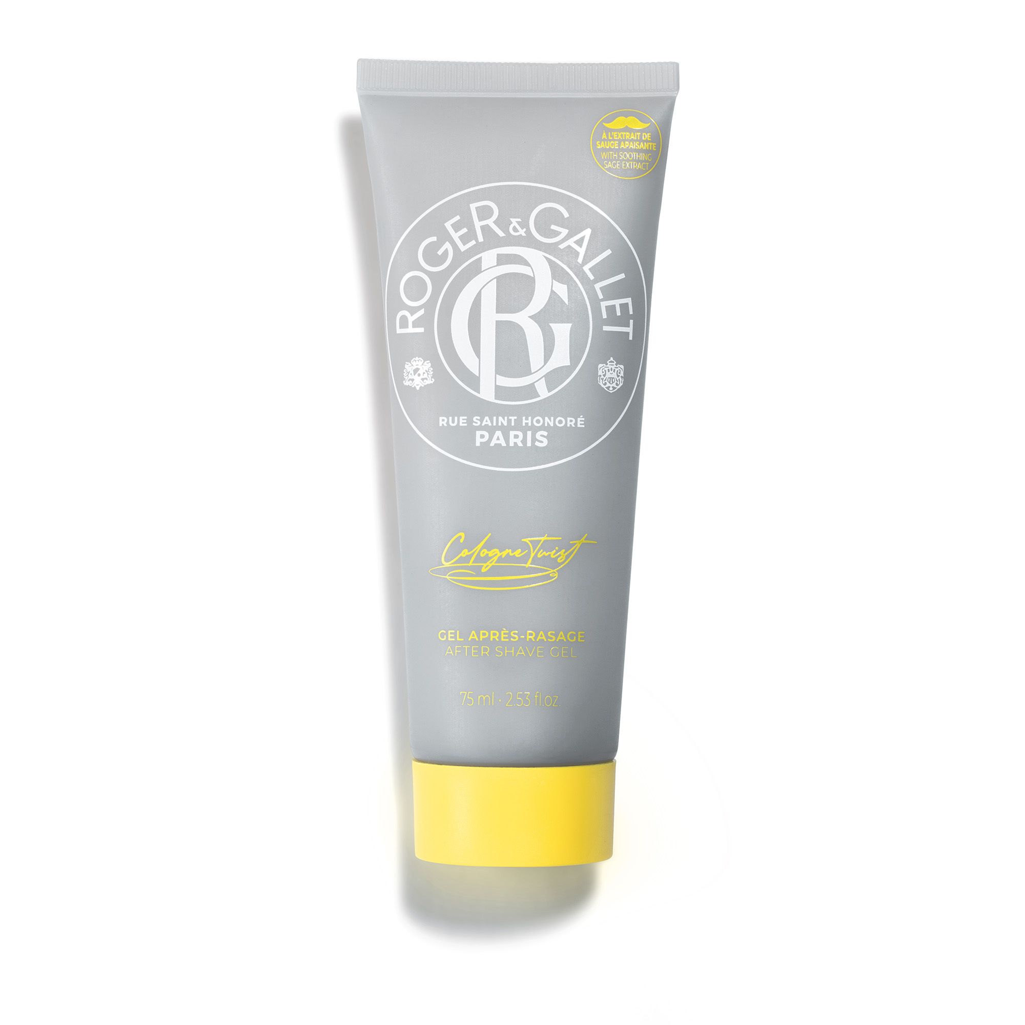 Tube et boîte. Sur le tube: Roger & Gallet, Cologne Twist, Gel Après Rasage. Accents jaunes.