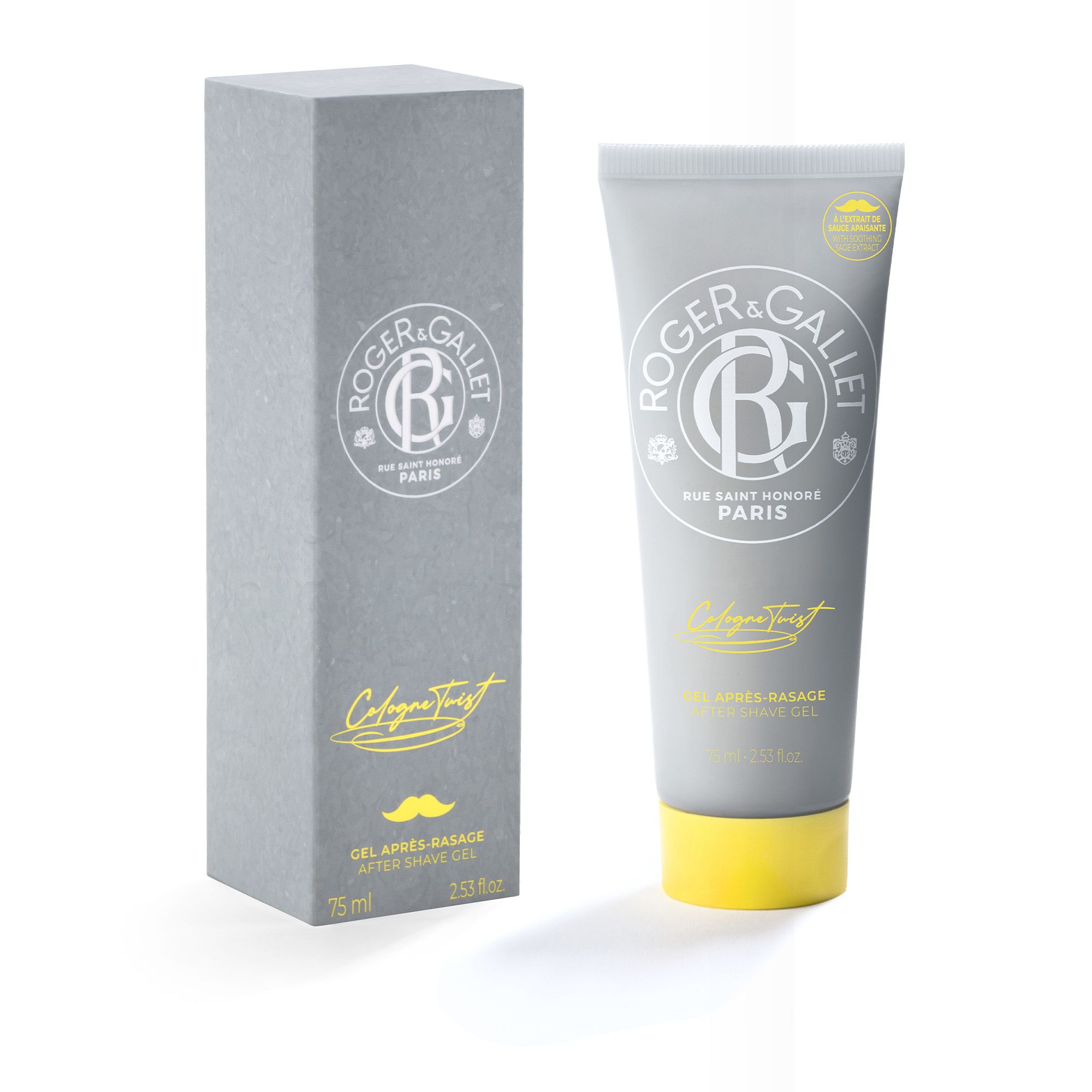 Tube avec logo Roger & Gallet, Rue Saint Honoré Paris. Inscription Cologne Twist. Bouchon jaune.