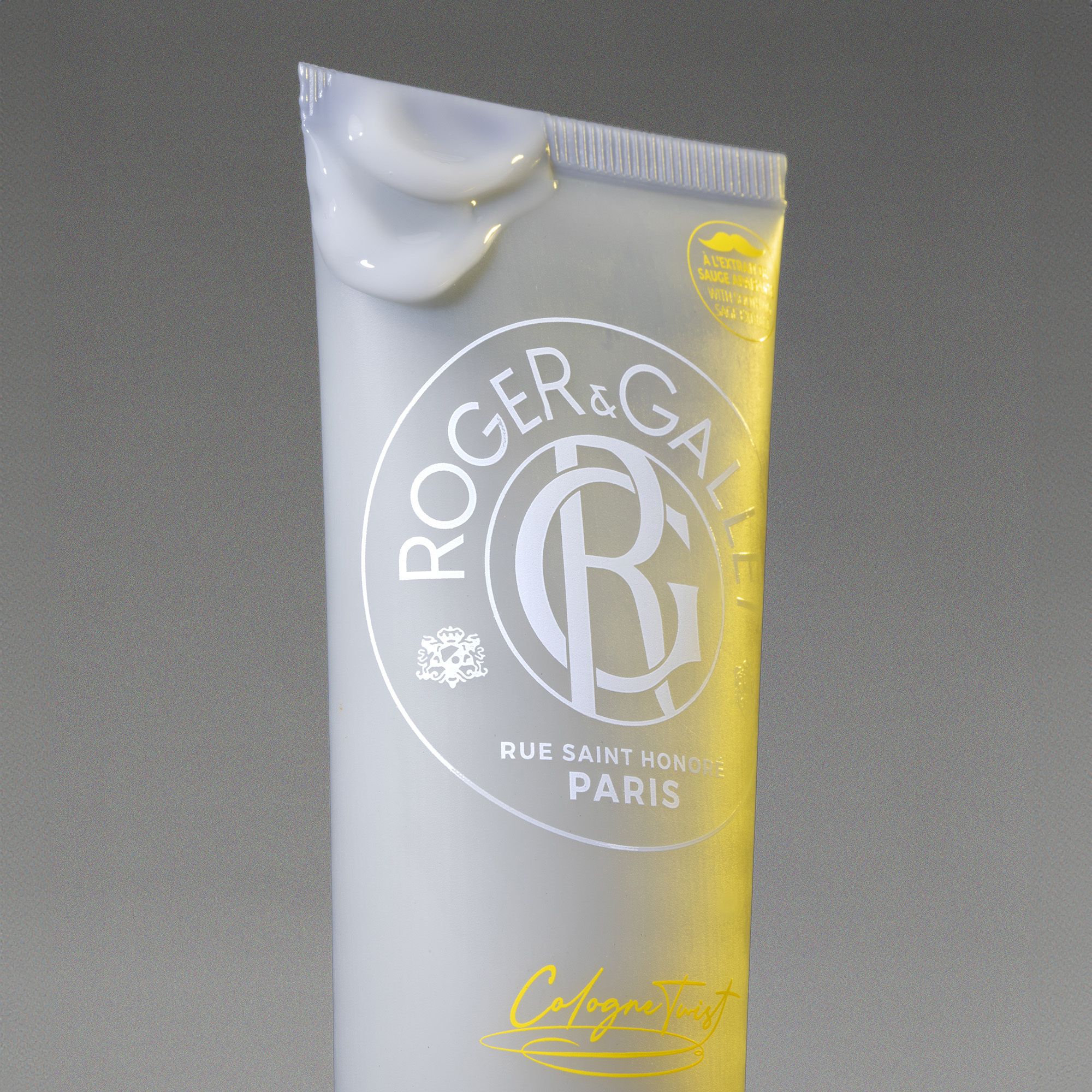 Tube et boîte. Sur le tube: Roger & Gallet, Cologne Twist, Gel Après Rasage. Accents jaunes.
