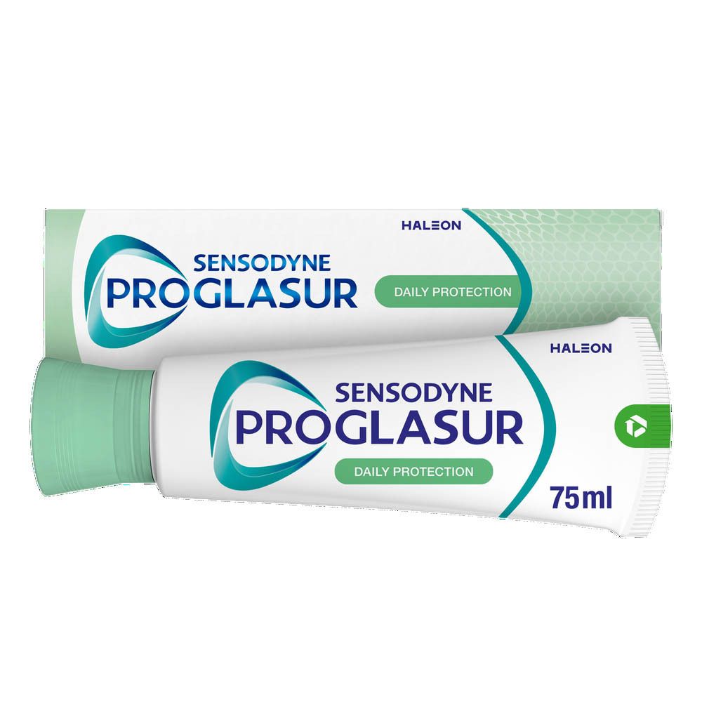 Tandpastatube en -doos. Sensodyne Proglasur, Daily Protection. Wit, groen. 75 ml.