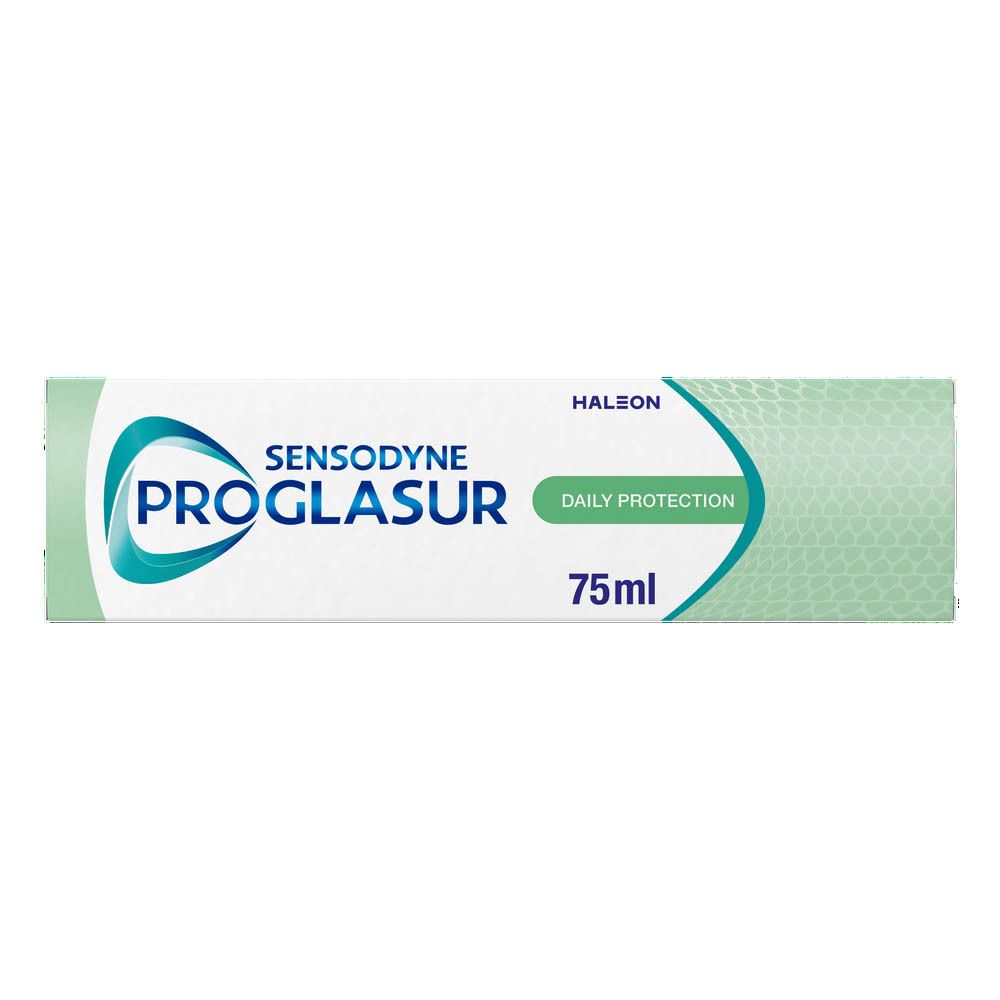 Tube de dentifrice. Sensodyne Proglasur, Daily Protection. Blanc, vert. 75 ml.