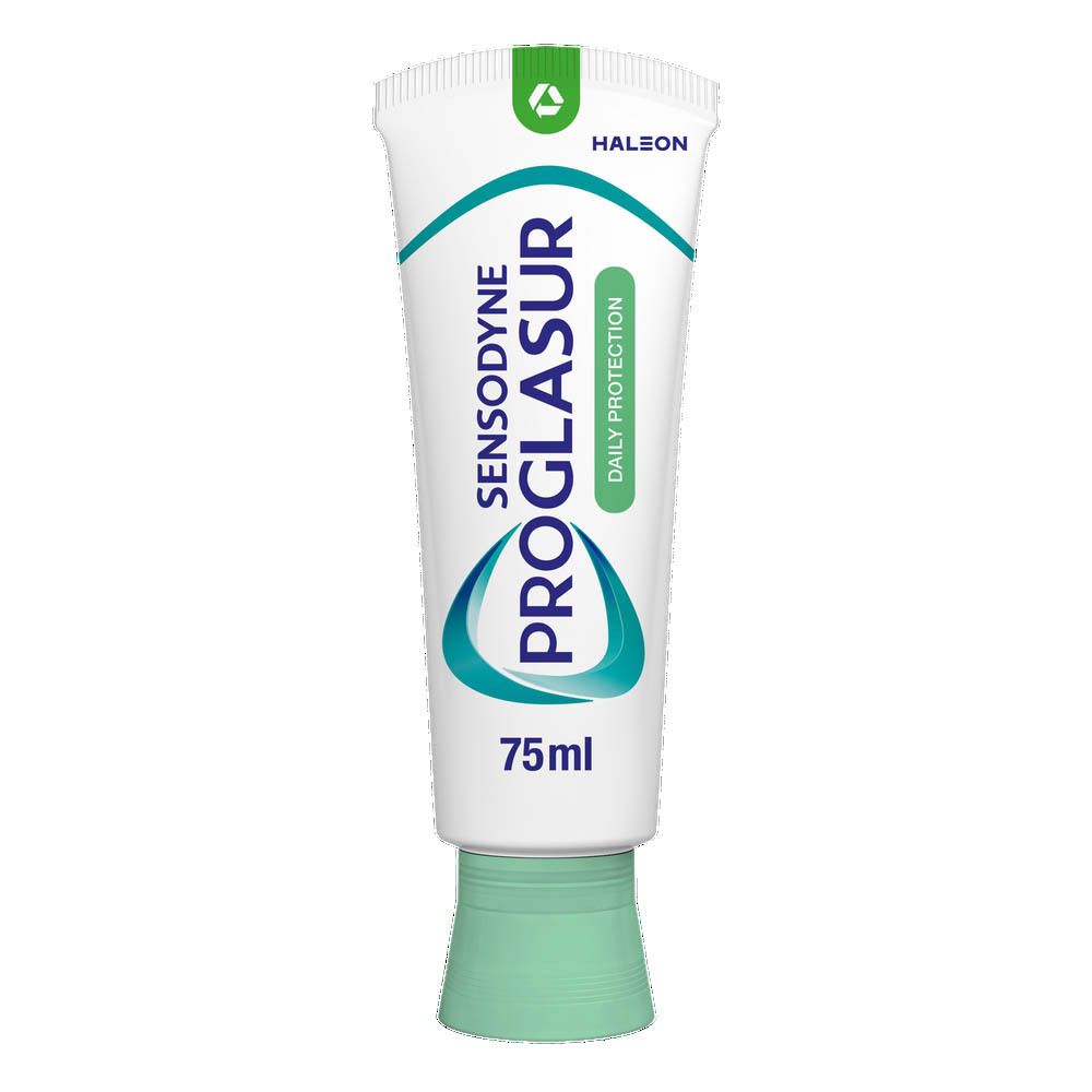 Tube de dentifrice. Sensodyne Proglasur, Daily Protection. Blanc, vert. 75 ml.