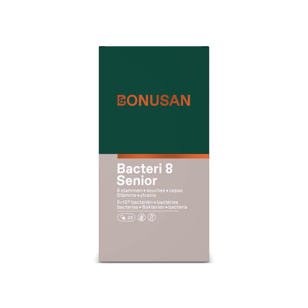 Boîte avec couvercle vert et partie inférieure grise. Inscription: Bacteri 8 Senior, 8 souches, 6x10^9 bactéries. Marque: Bonusan.