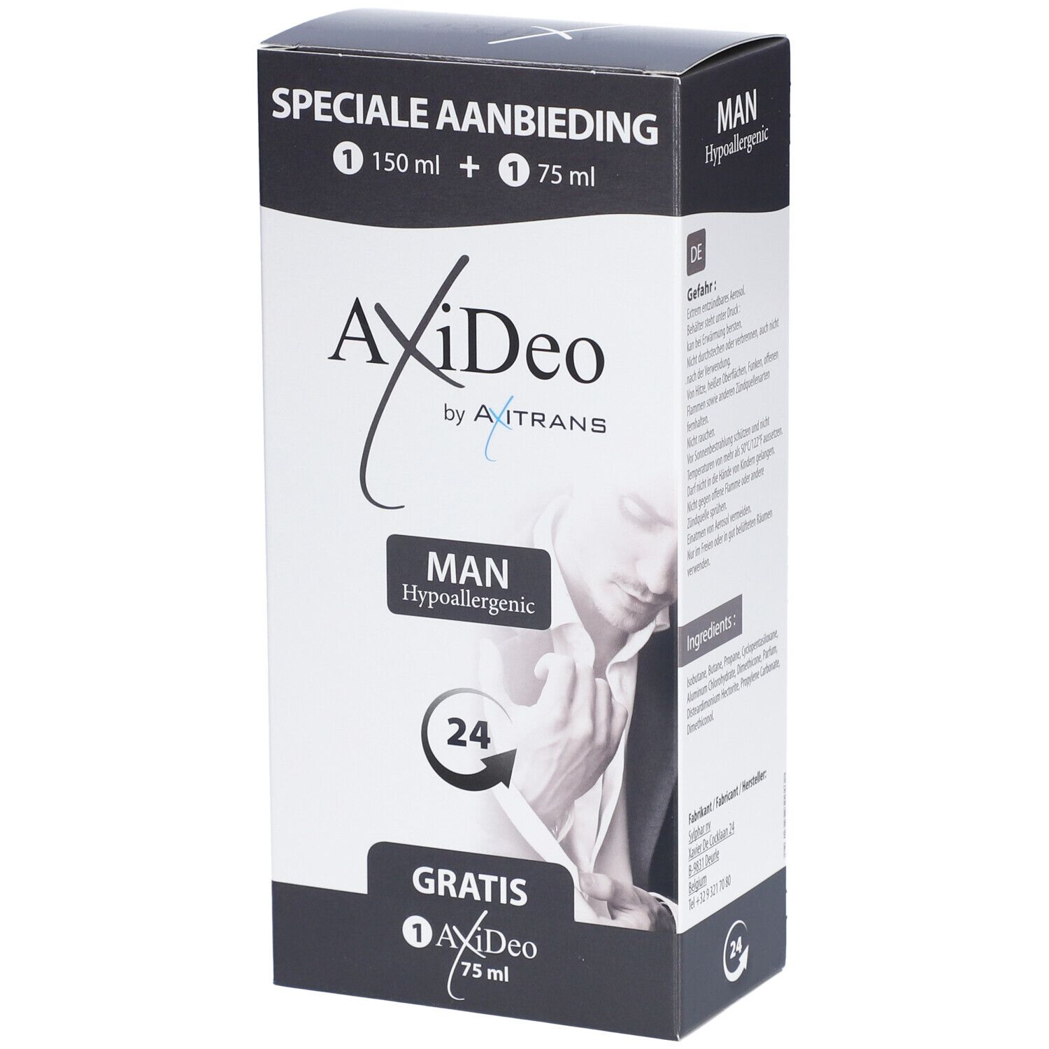Boîte avec texte: "SPECIALE AANBIEDING", "MAN", "Hypoallergenic", et "GRATIS". Contient deux produits.